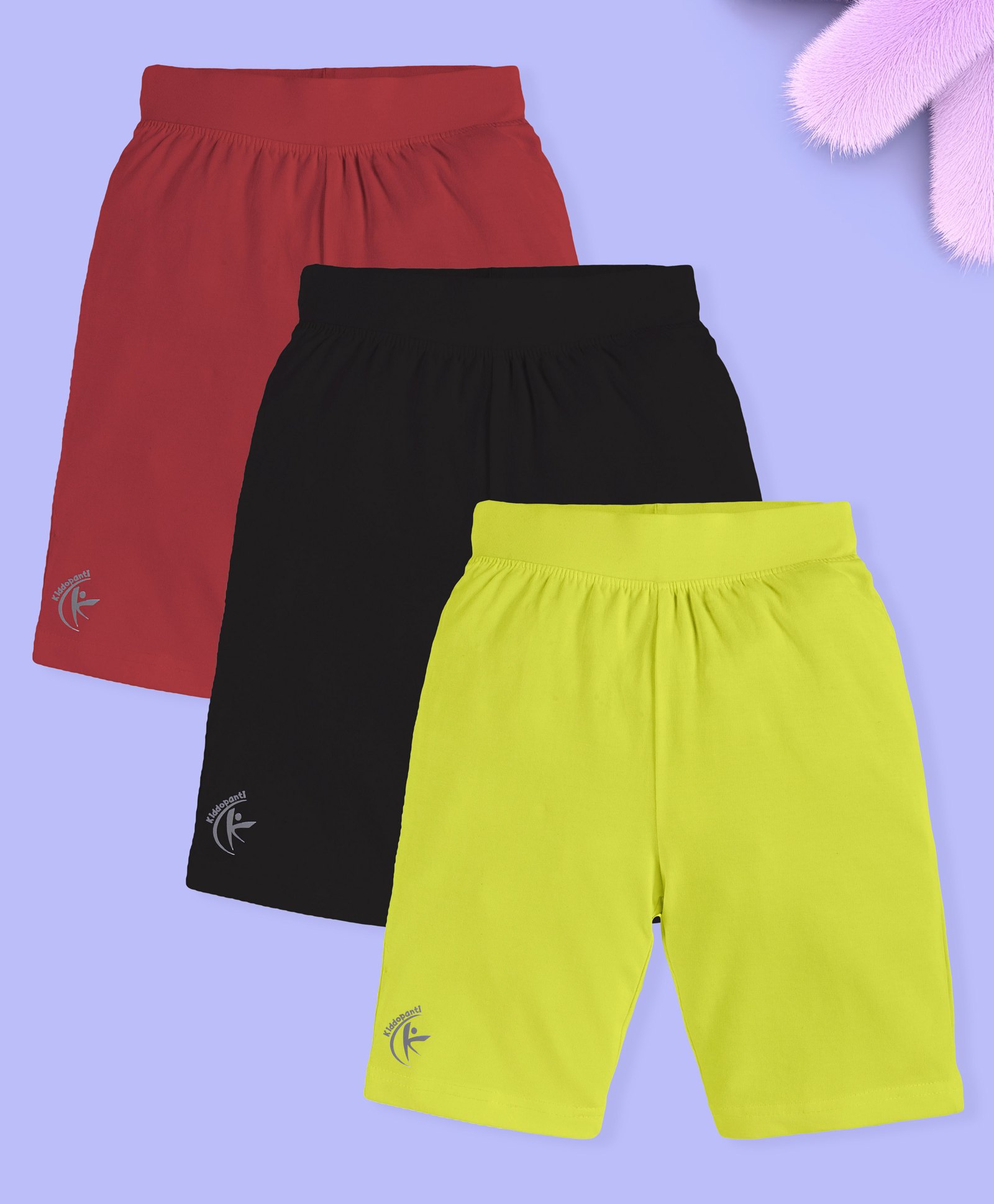 Kiddopanti Cotton Lycra Knit Pack Of 3 Brand Name Printed Cycling Shorts - Black Neon Green & Maroon-image-29