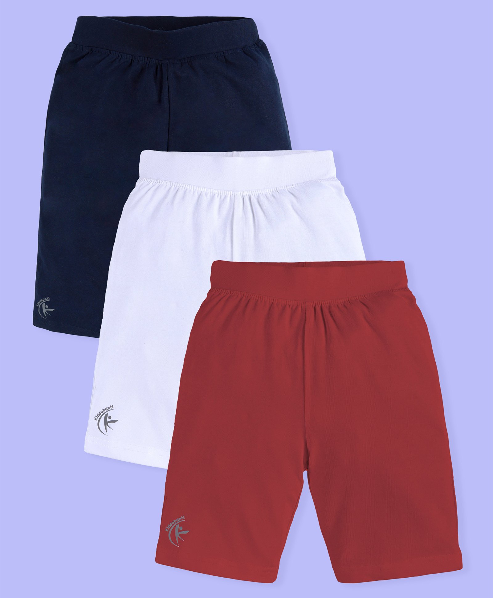Kiddopanti Cotton Lycra Knit Pack Of 3 Brand Name Printed Cycling Shorts - White Navy Blue & Maroon-picture-15