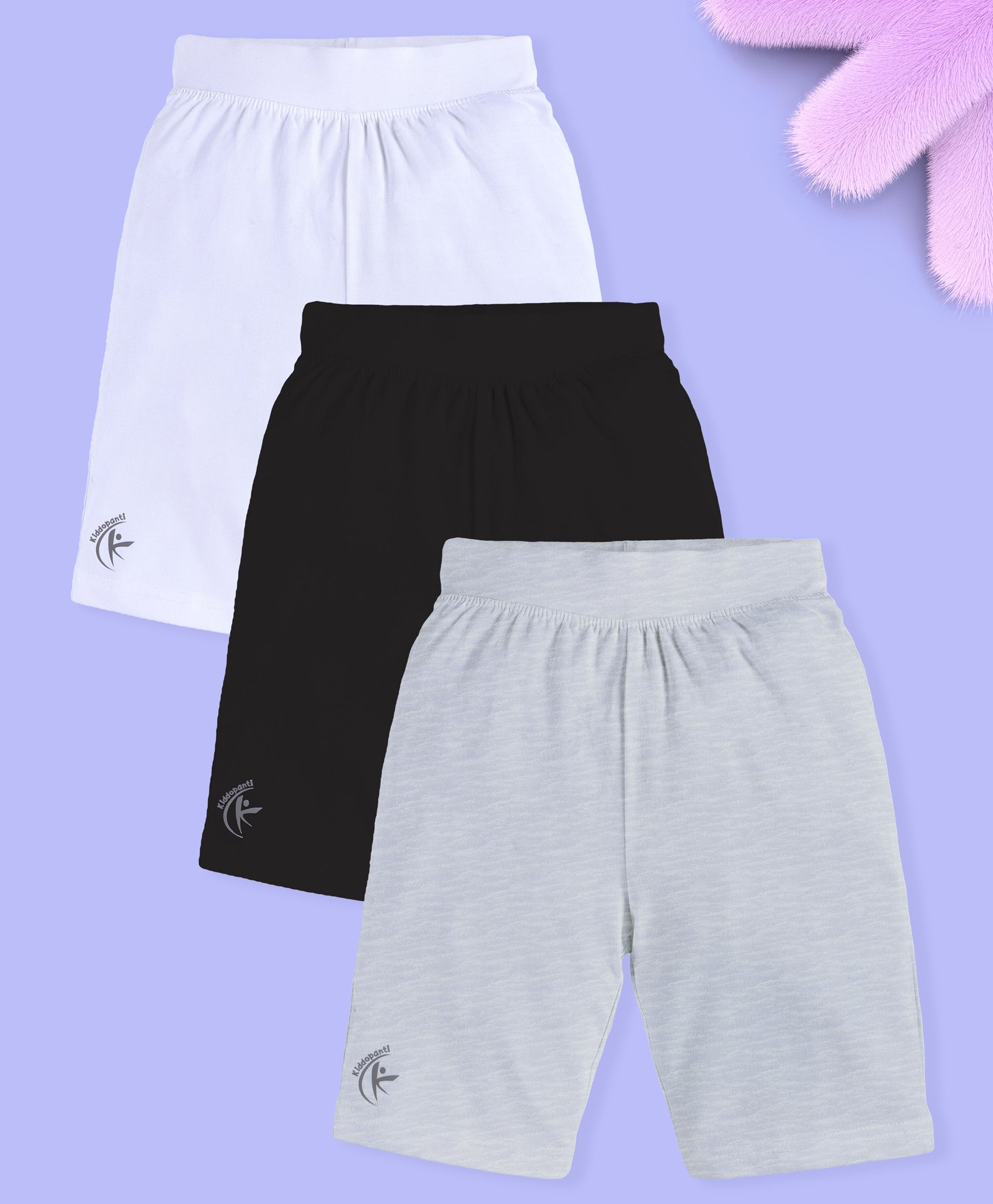 Kiddopanti Cotton Lycra Knit Pack Of 3 Brand Name Printed Cycling Shorts - White Black & Grey Melange-picture-18