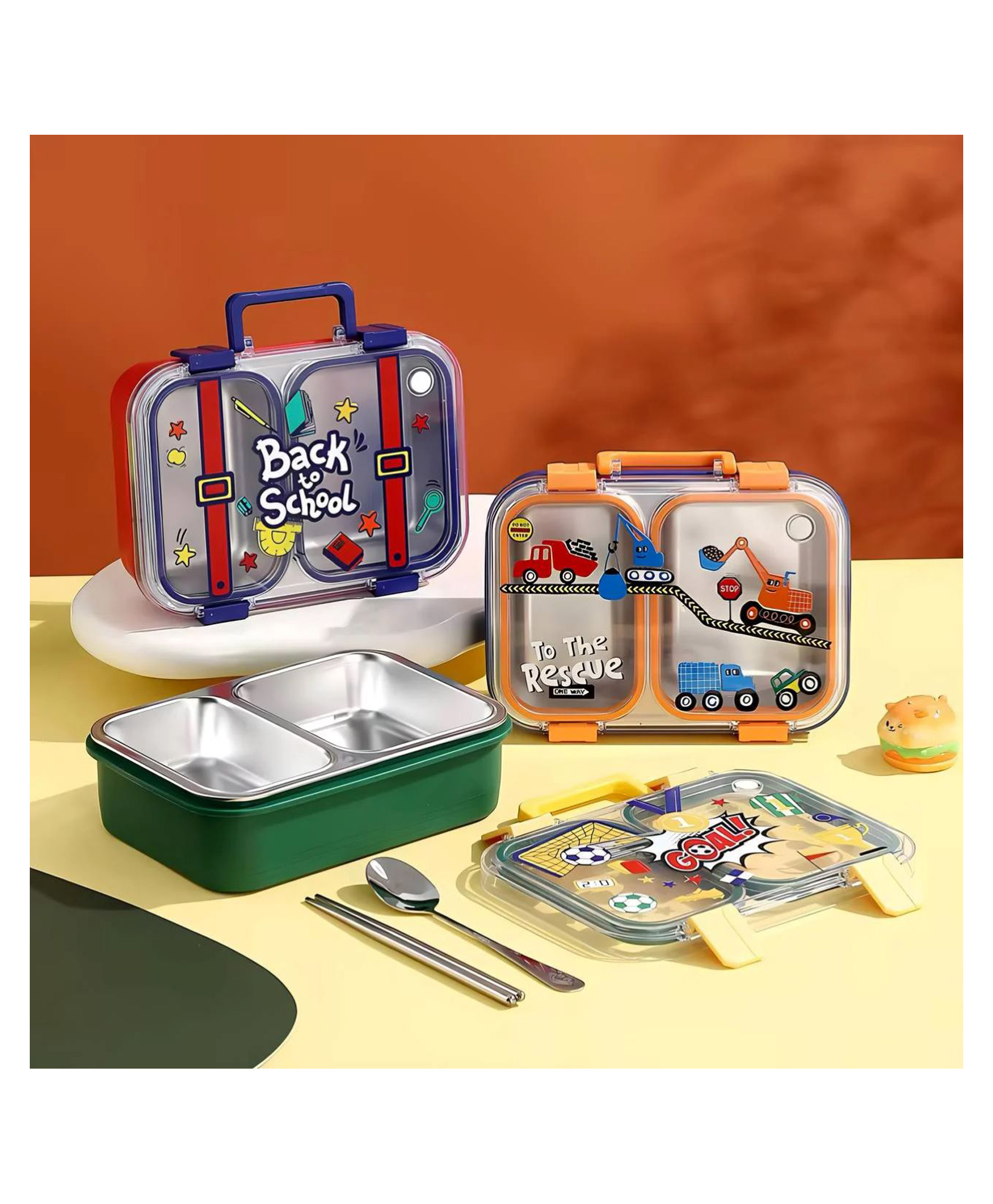 Elecart 700ML Leak-Proof Stainless Steel Kids Lunch Box | 2 Compartment BPA-Free Bento for School & Travel | Fun Lid & Clips (Random Design)-picture-23