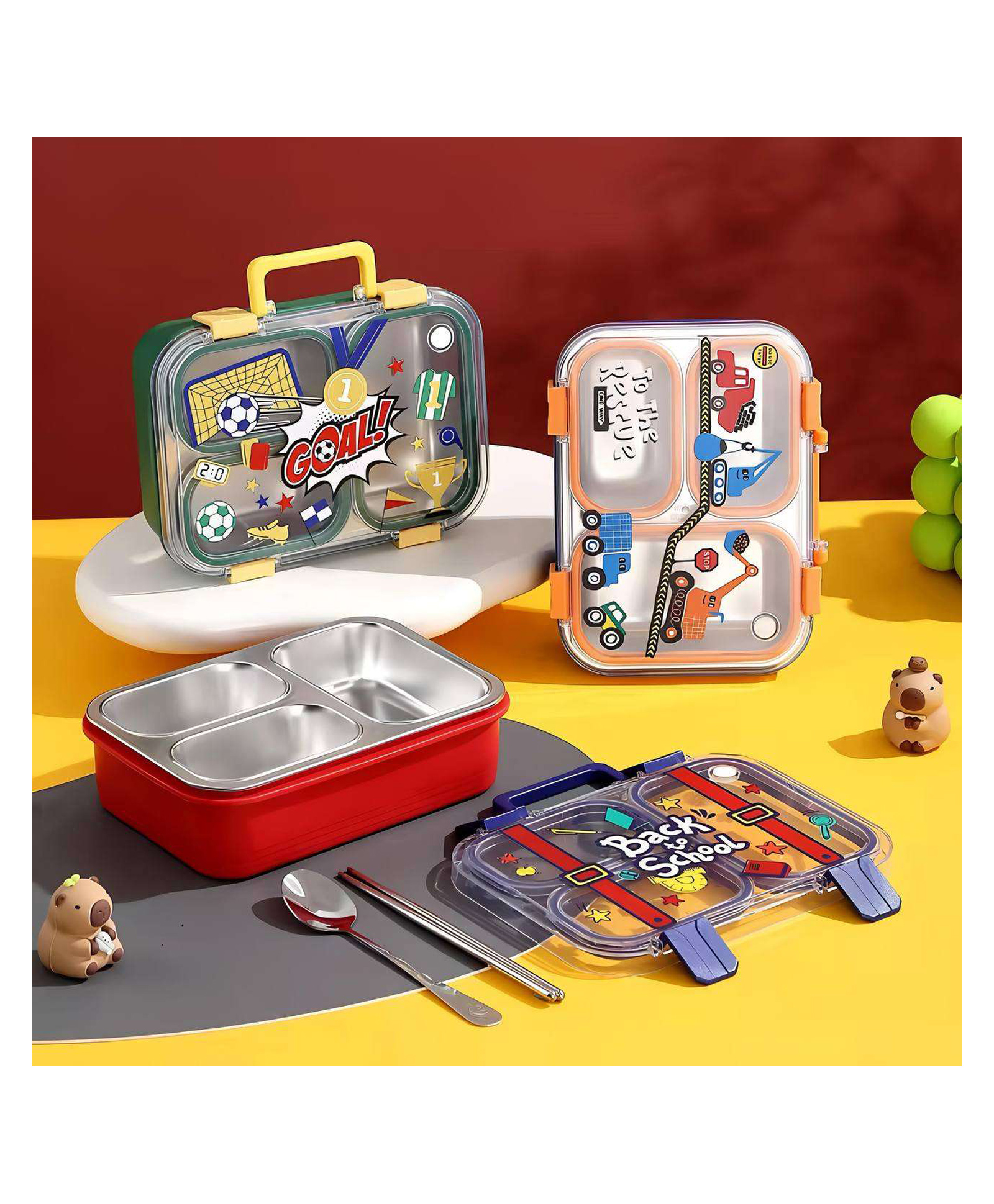Elecart 700ML Leak-Proof Stainless Steel Kids Lunch Box | 3 Compartment BPA-Free Bento for School & Travel | Fun Lid & Clips (Random Design)-picture-24