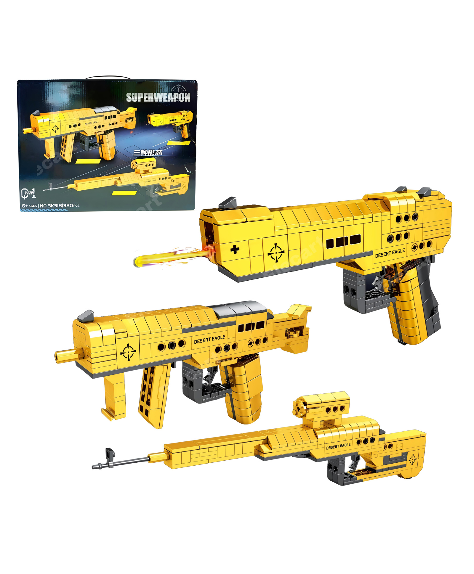 Elecart 3-in-1 Military Blaster Toy Gun Set 320PCS Building Blocks | Submachine Gun, Gold Desert Eagle & Sniper Rifle Models | STEM DIY Toy Compatible with Major Brands | Age 6+-image-3