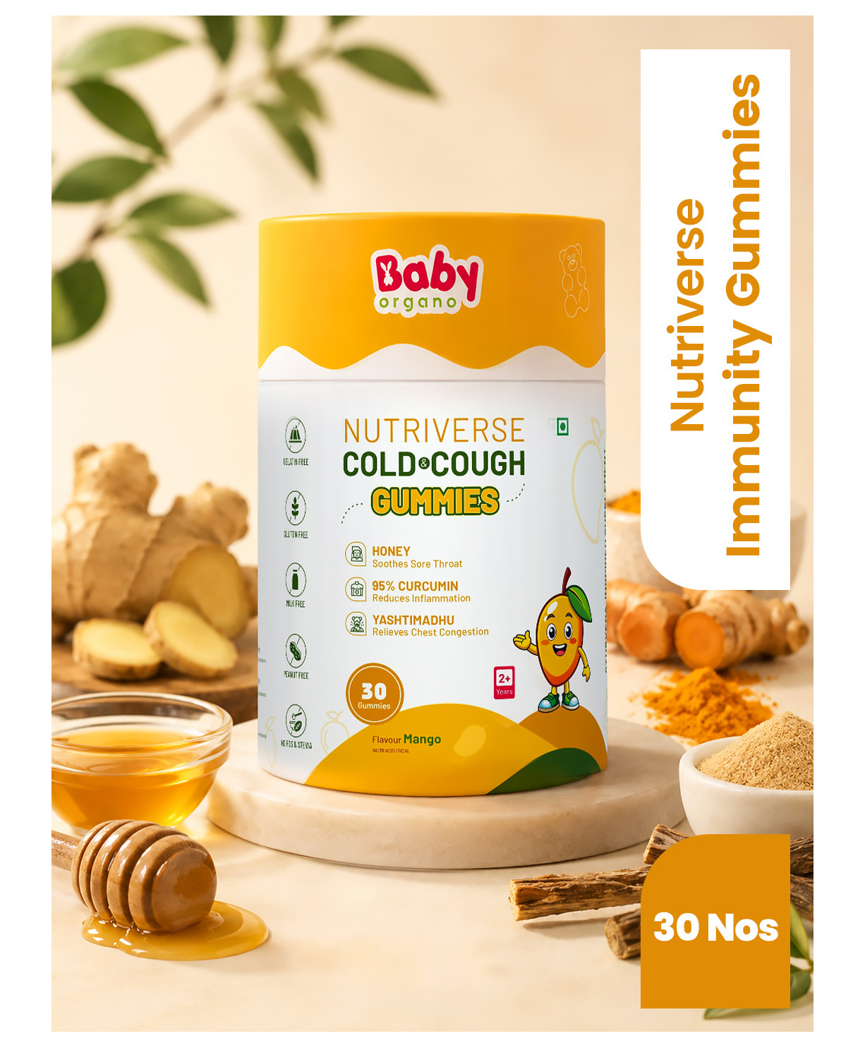 Babyorgano Nutriverse Cough & Cold Relief Gummies For Kids (2-15 Yrs) |30 Gummies |Relieve Dry Cough, Throat Irritation|Non-Drowsy, Ayurveda Inspired Formula, No Gelatin, Gluten, Dairy|Mango Flavor-image-21