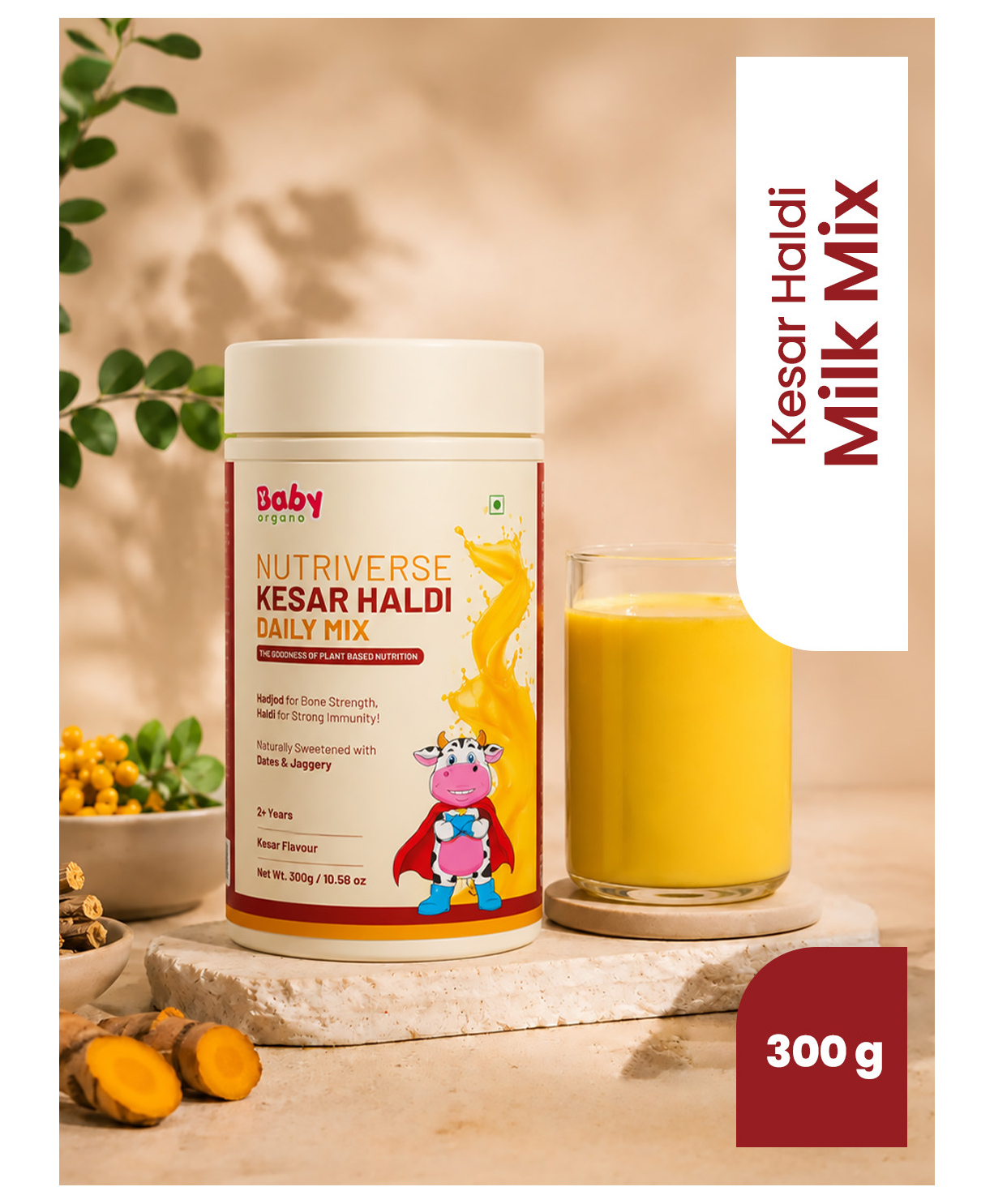 BabyOrgano Nutriverse Kesar Haldi Milk Mix Supports Healthy Growth & Development|High Protein &Vitamins,Gluten Free|Kesar Flavor - 300 g-image-9