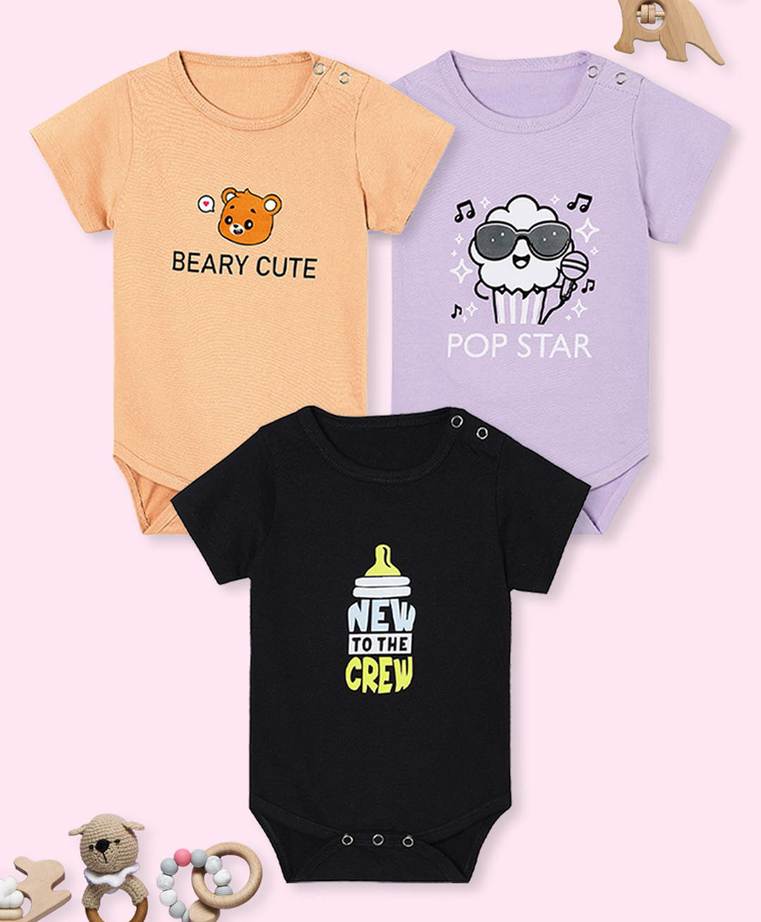 The Mom Store Cotton Knit Pack Of 3 Half Sleeves Teddy Bear & Typography Printed Onesies - Beige Purple & Black-picture-22