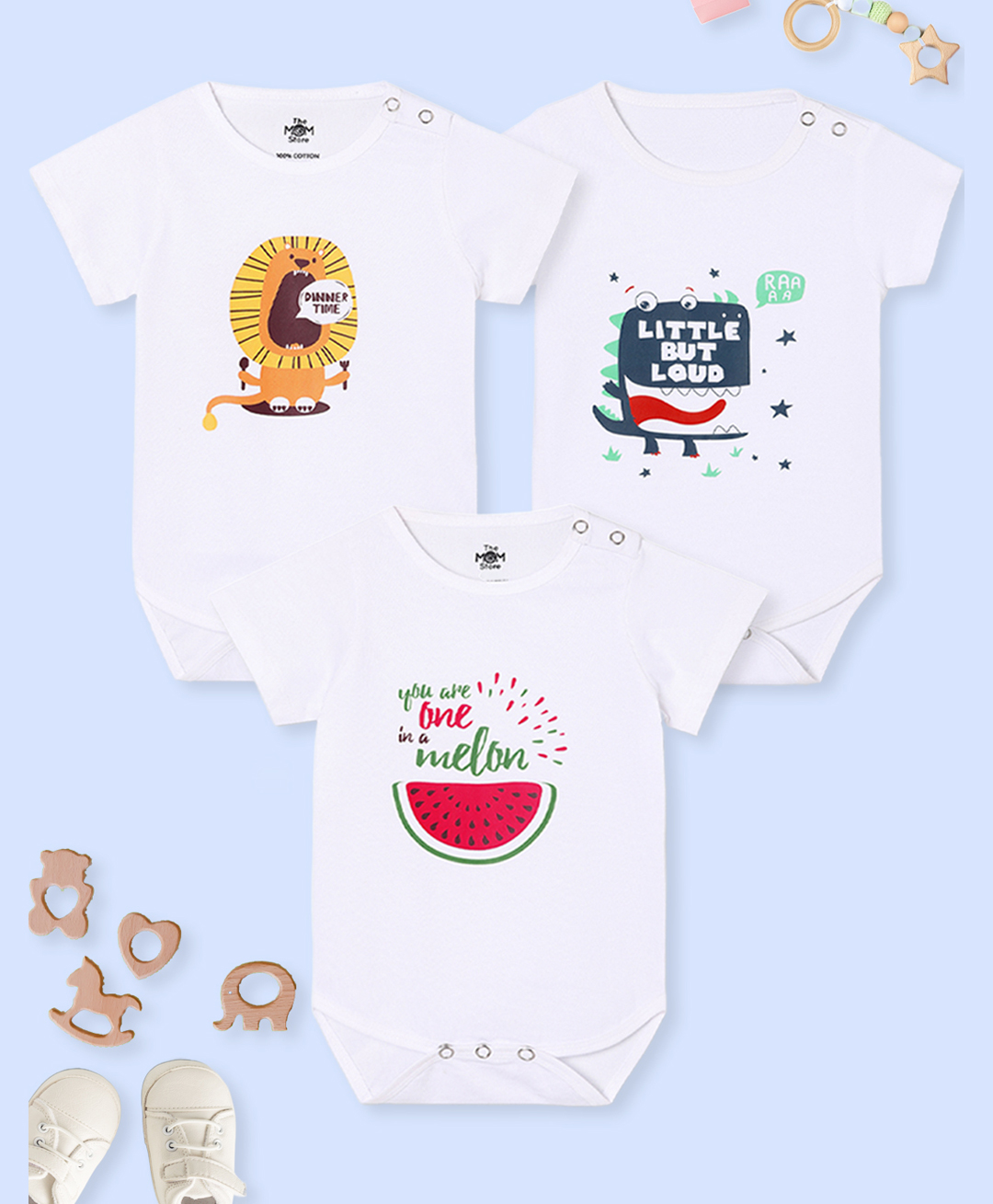The Mom Store Cotton Knit Pack Of 3 Half Sleeves Baby Animals & Typography Printed Onesies - White-picture-13