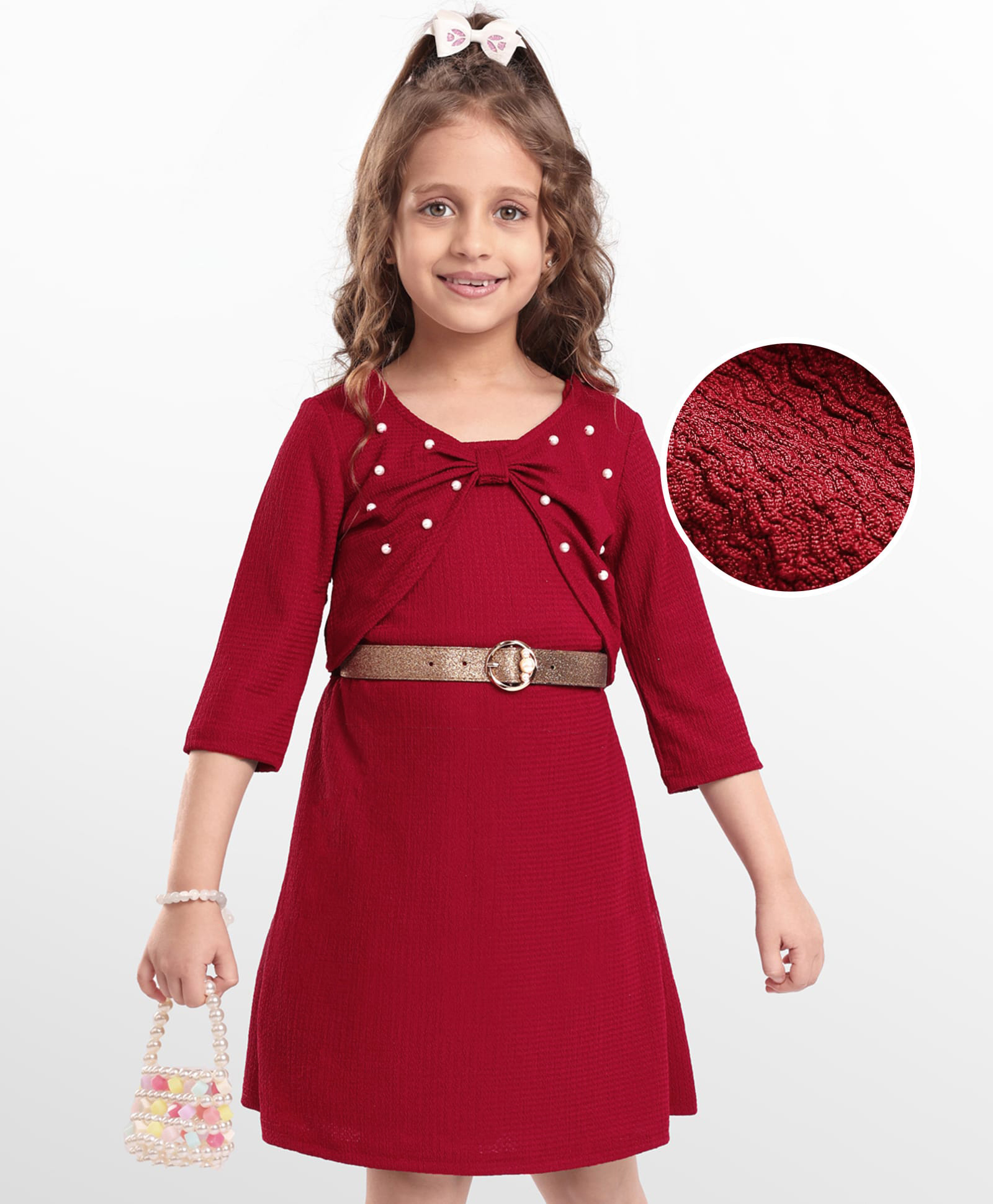 Hola Bonita Knit Full Sleeves Textured Fabric Dress with Shrug Belt & Pearl Embellishment - Red-picture-25