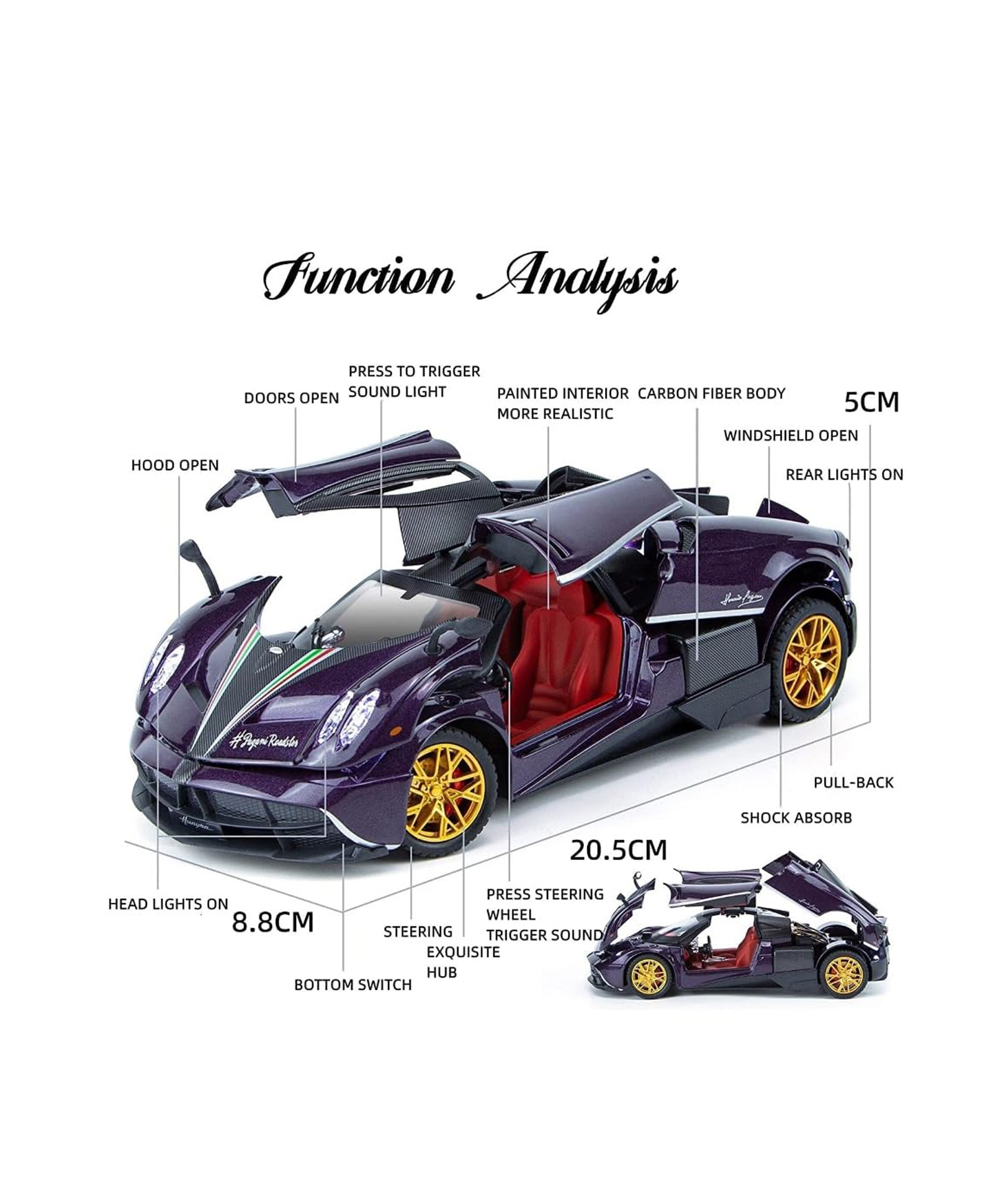 AKN TOYS 1:24 Pagani Model Car Sports Car Exclusive Alloy Metal Pull Back Die-cast Car Diecast Metal Pullback Toy - Pack of 1 - ( Color May Vary )-picture-16