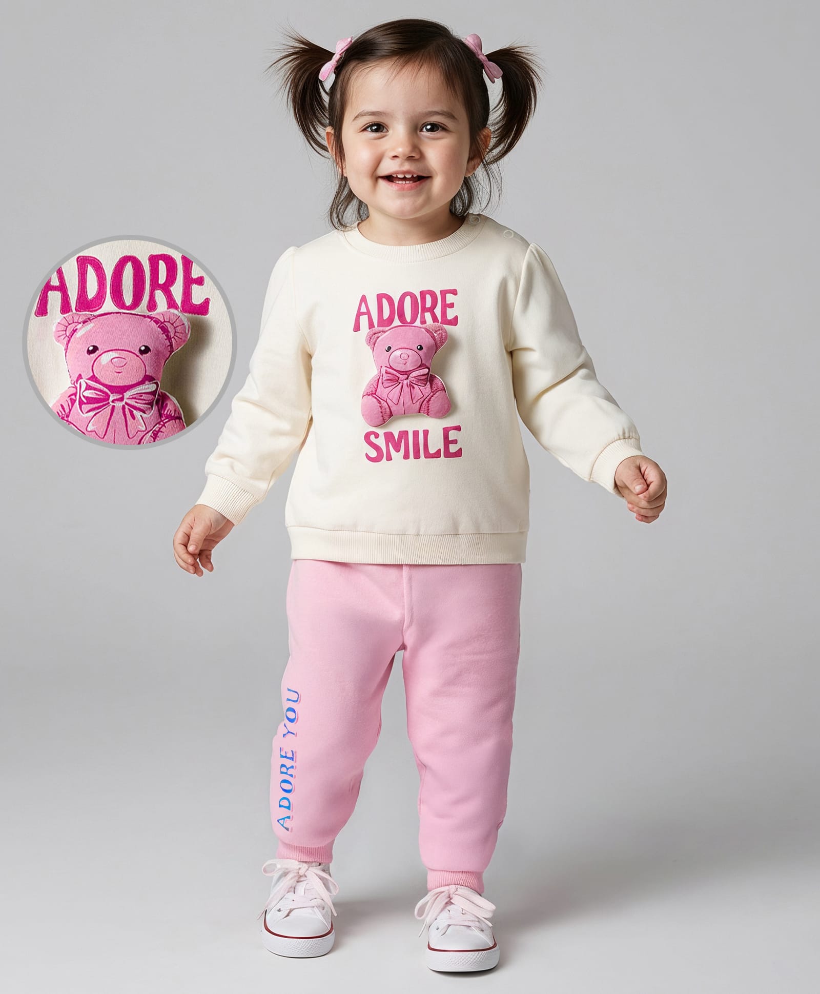 Babyoye 100% Cotton Knit Full Sleeves Winter Wear Suit Set with Teddy Print - Pink & White-image-25