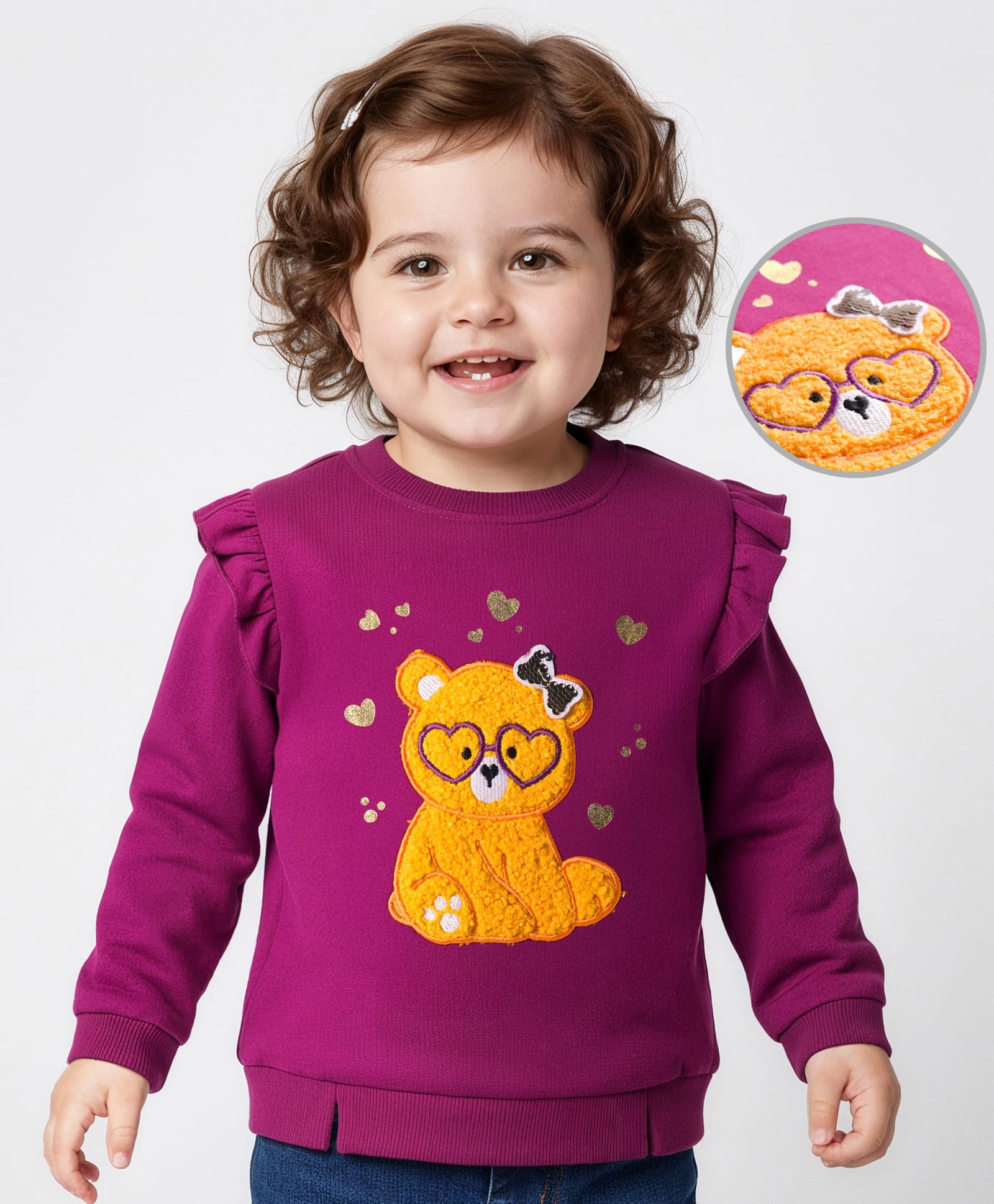 Babyoye 100% Cotton Knit Full Sleeves Sweatshirts with Teddy Patch Embroidery & Frill Detailing - Wine-picture-24