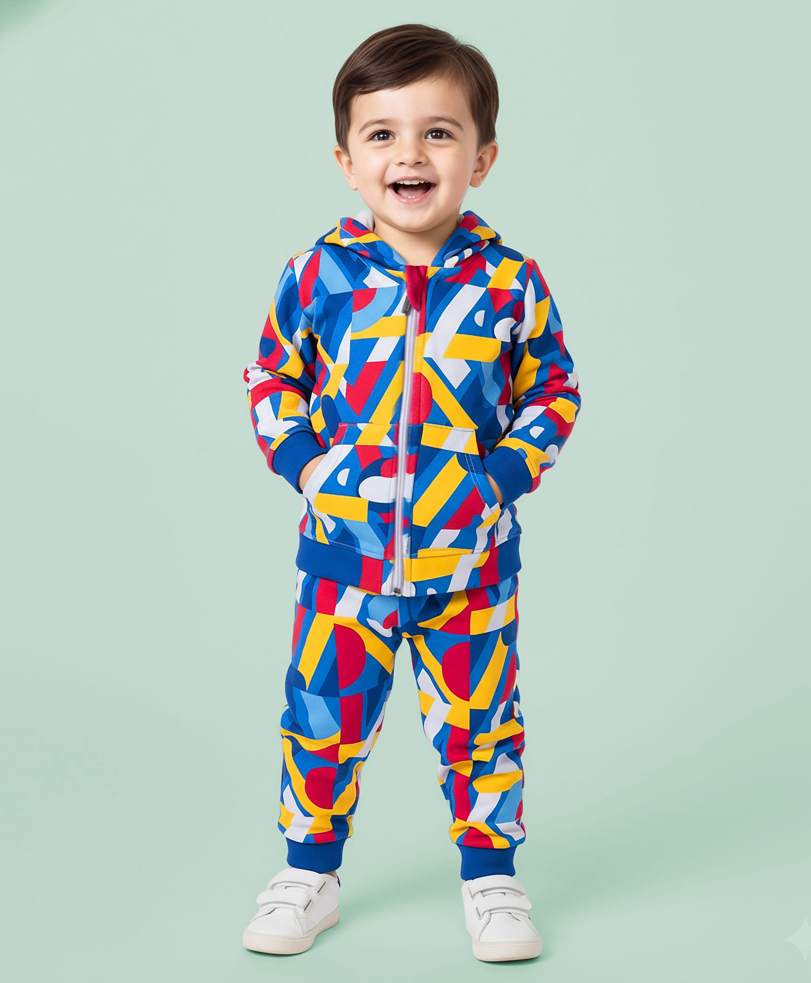 Babyhug Terry Knit Full Sleeves Hooded Sweat Jacket & Joggers Set with Abstract Print - Blue-image-16