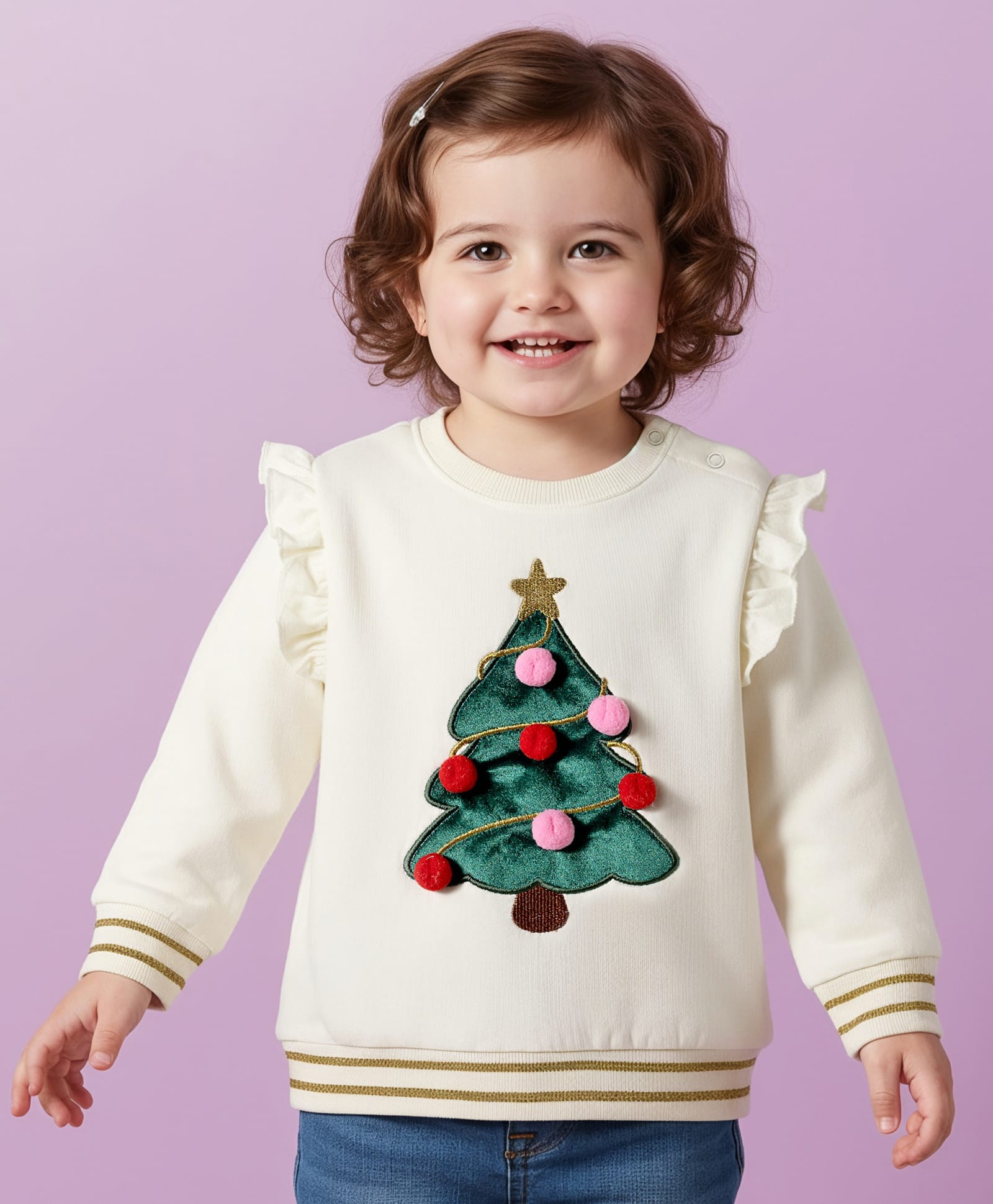 Babyoye 100% Cotton Knit Full Sleeves Pullover Sweatshirt with Christmas Tree & Frill Detailing - White-picture-32