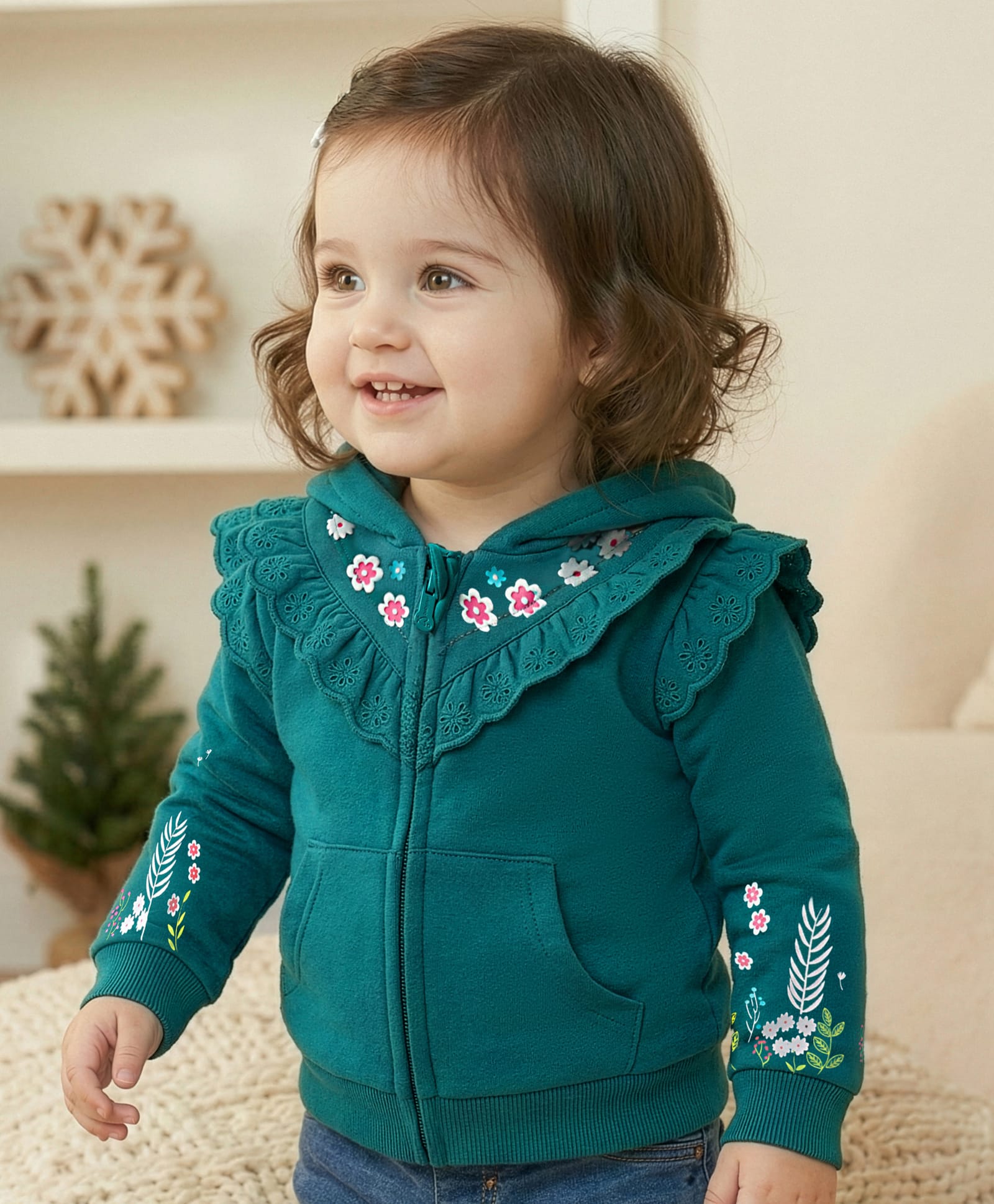 Babyoye 100% Cotton Knit Full Sleeves Hooded SweatJacket with Floral Graphic - Mint-picture-4