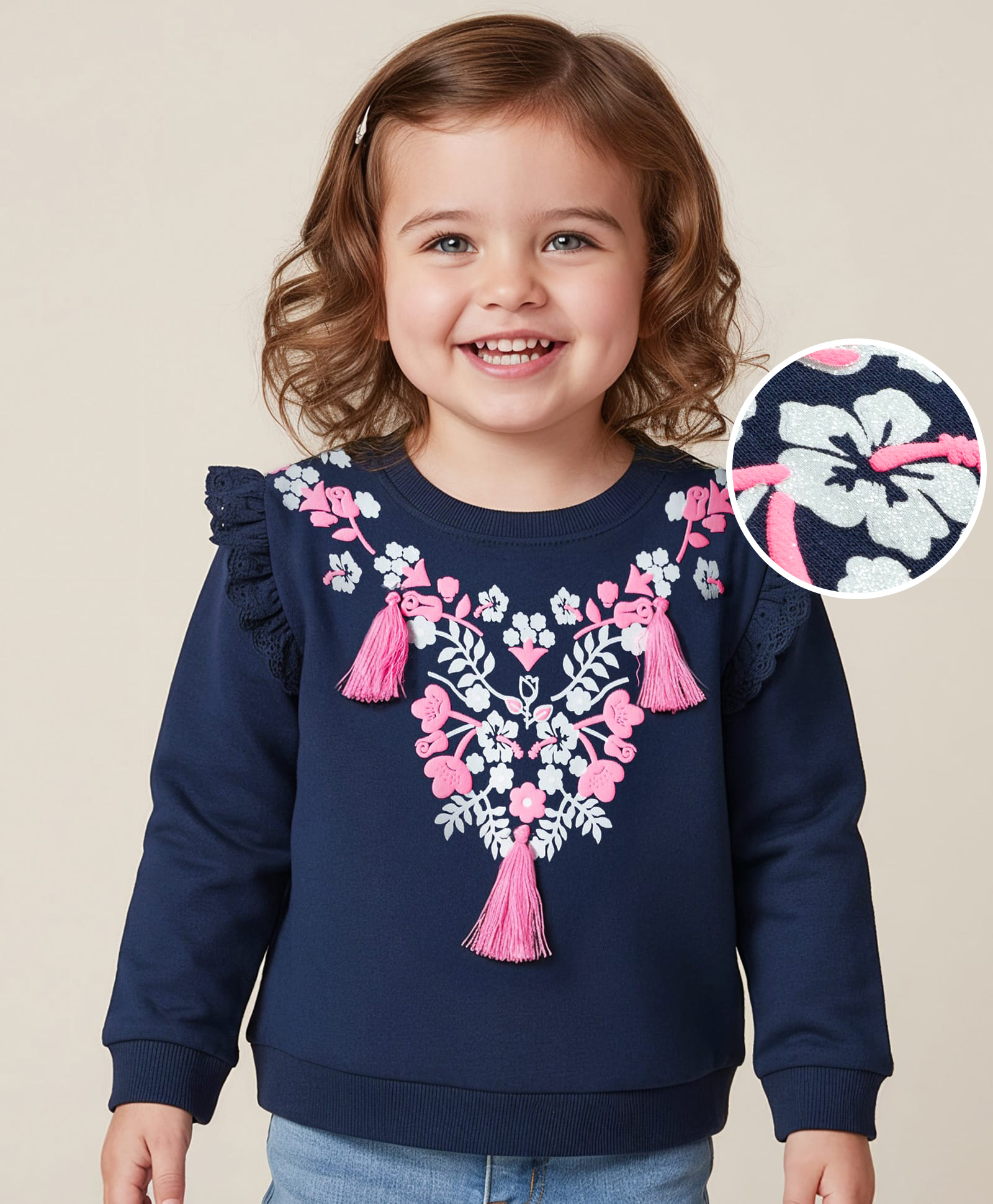 Babyoye Cotton Knit Full Sleeves Floral Embroidered Sweatshirt - Navy Blue