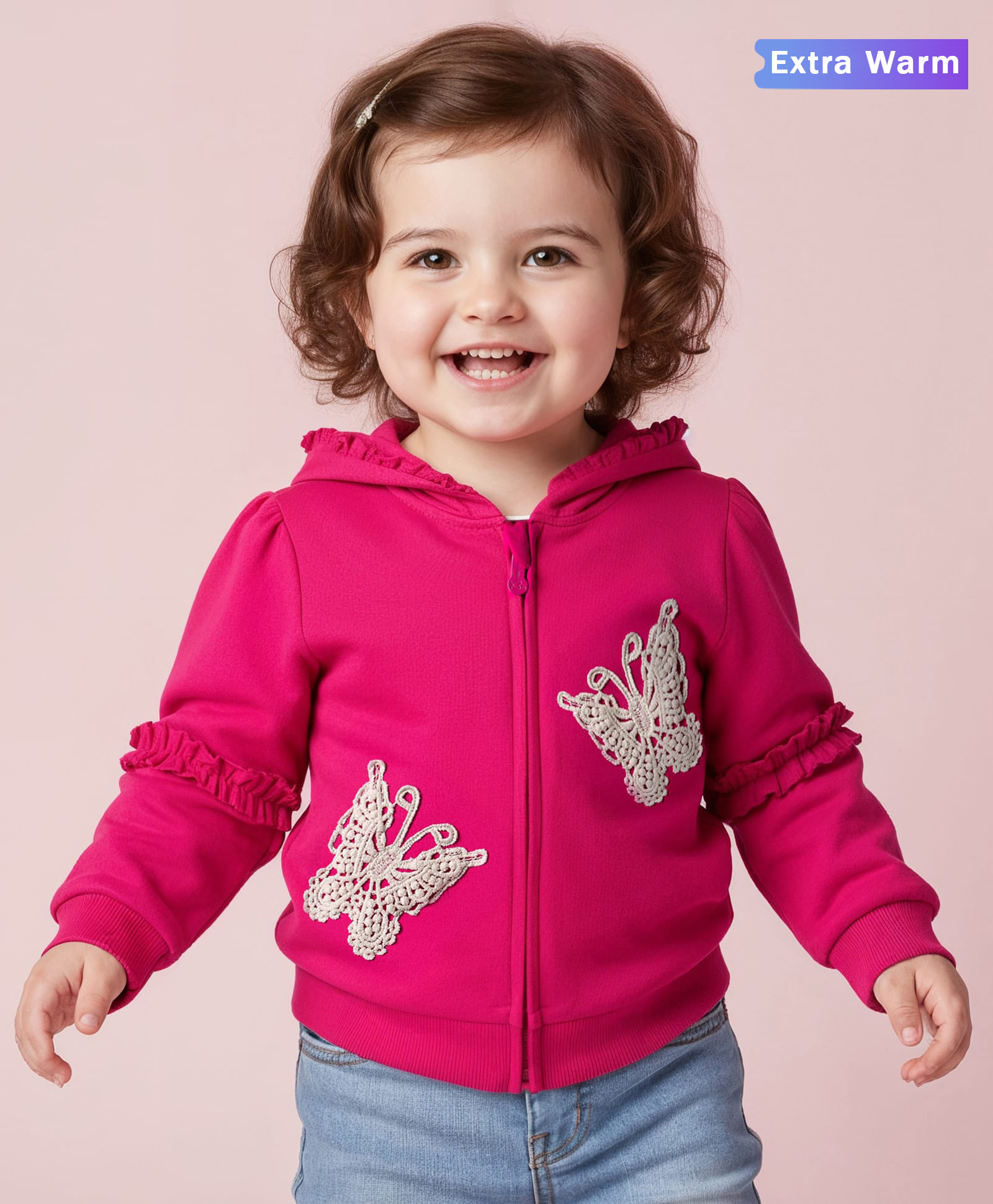 Babyoye 100% Cotton Knit Full Sleeves Hooded SweatJacket with Butterfly Embroidery - Pink-picture-22