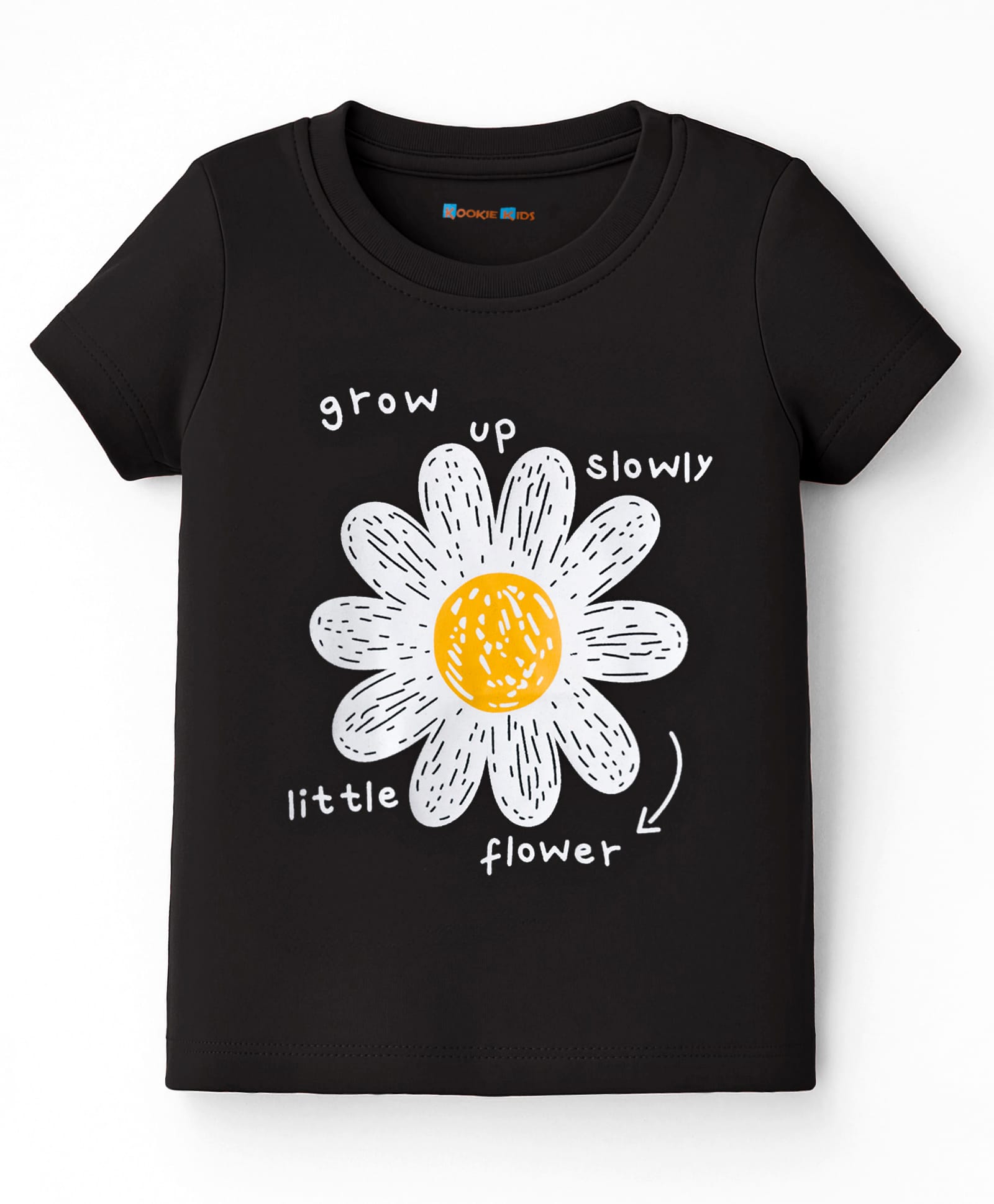 kookie kids india Kookie Kids Single Jersey Knit Half Sleeves T-Shirt with Flower & Grow Up Slowly Text Print - Black-picture-35