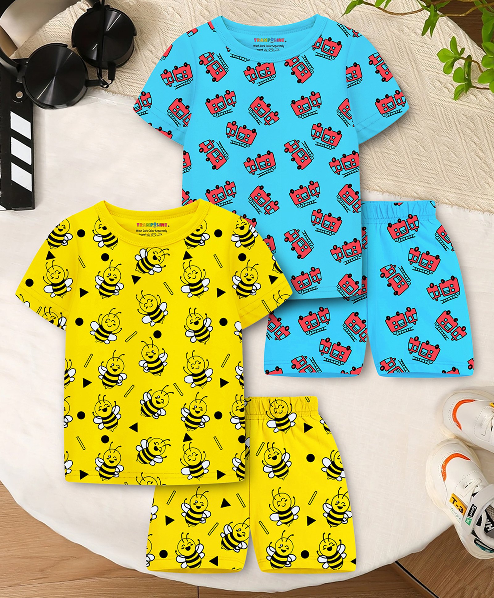 Trampoline Cotton Knit Pack Of 2 Half Sleeves Bees & Construction Vehicles Printed Tee With Coordinating Shorts Set - Yellow & Blue-image-21
