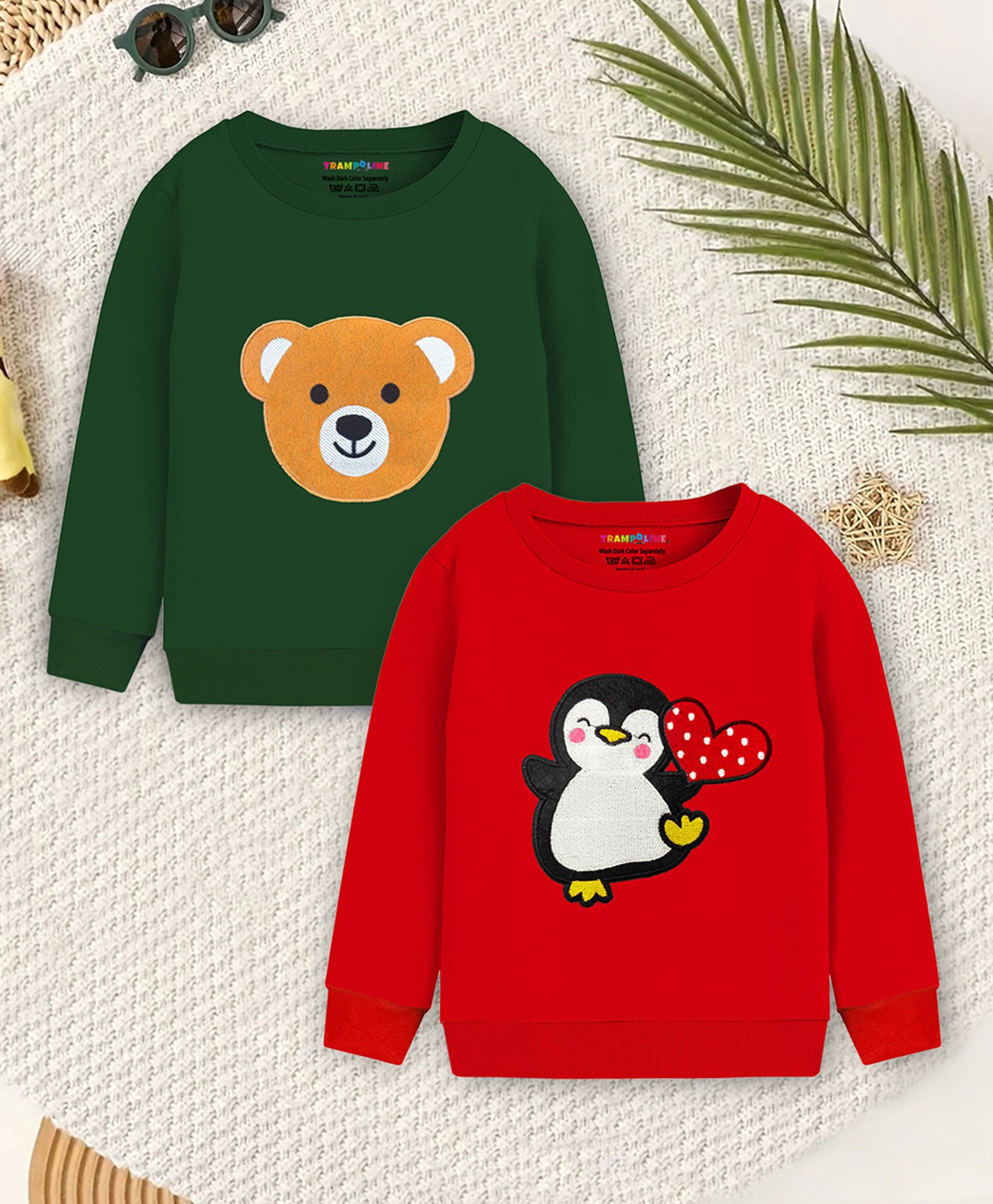 Trampoline Terry Knit Pack Of 2 Full Sleeves Penguin & Teddy Face Patch Embroidered Tees - Green & Red-picture-28