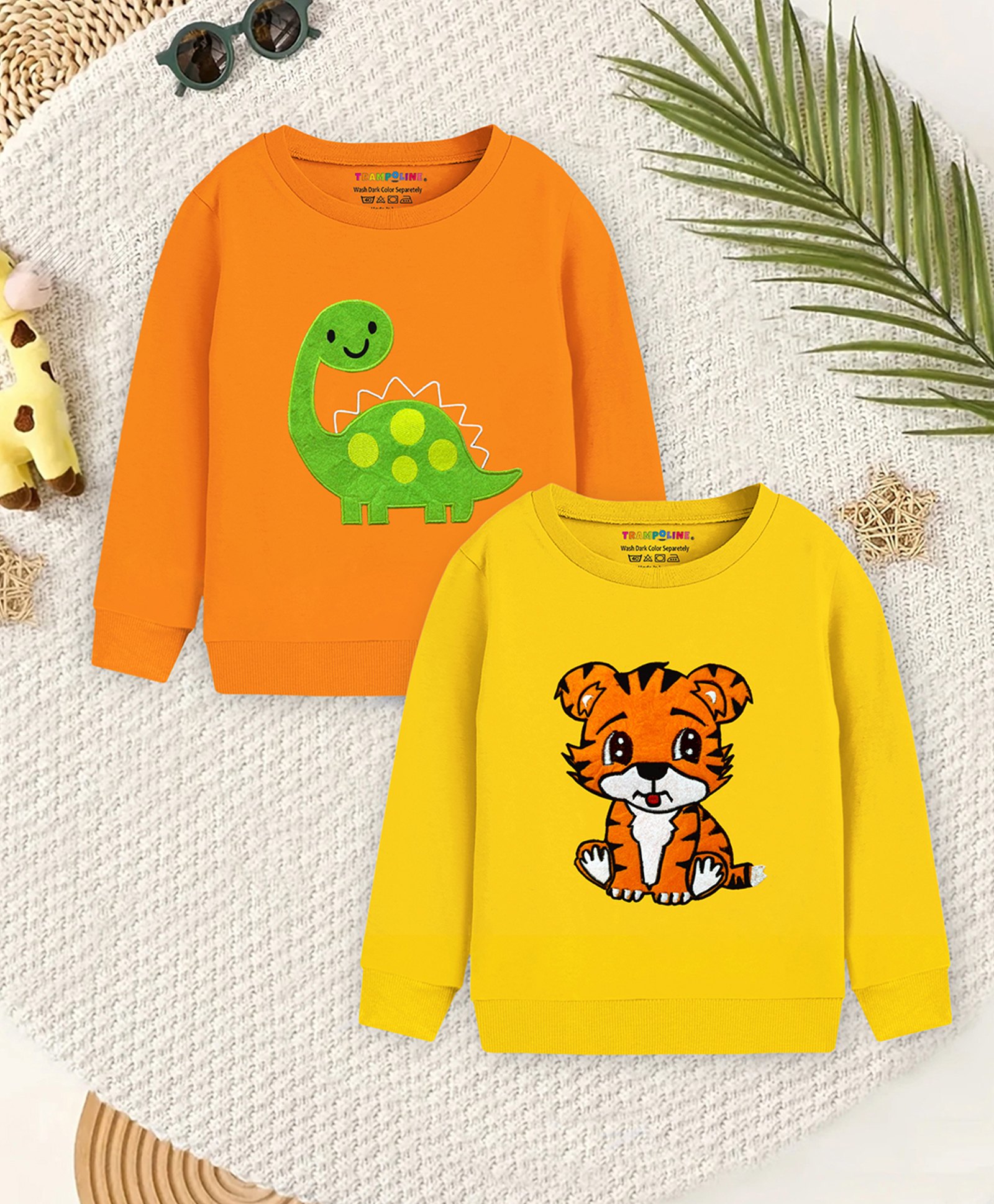 Trampoline Terry Knit Pack Of 2 Full Sleeves Dinosaur & Tiger Patch Embroidered Tees - Yellow & Orange-picture-29