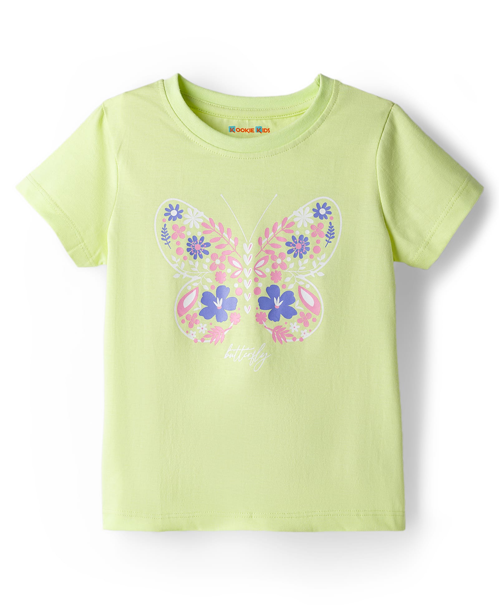 kookie kids india Kookie Kids Single Jersey Knit Half Sleeves T-Shirt with Floral & Butterfly Print - Limegreen-picture-29