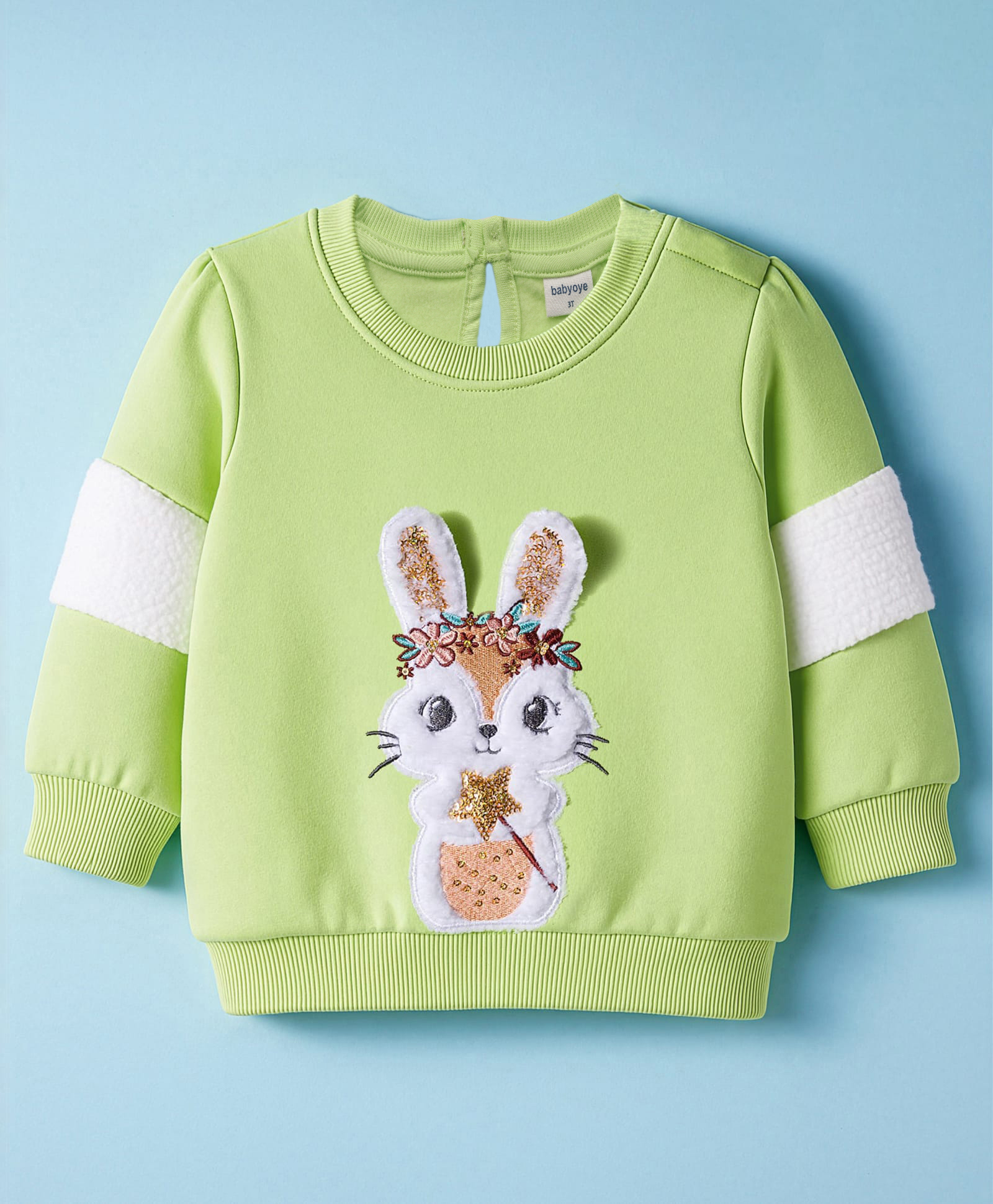 Babyoye 100% Cotton Knit Full Sleeves Pullover Sweatshirt with Bunny Embroidery - Light Green-picture-30
