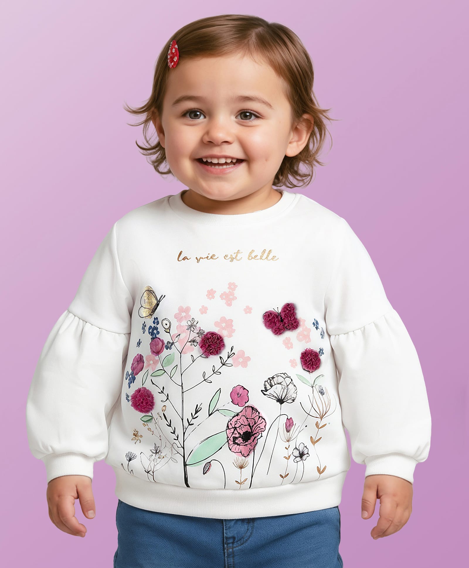 Babyoye 100% Cotton Knit Full Sleeves Sweatshirt With Floral Print & Applique - White-picture-26