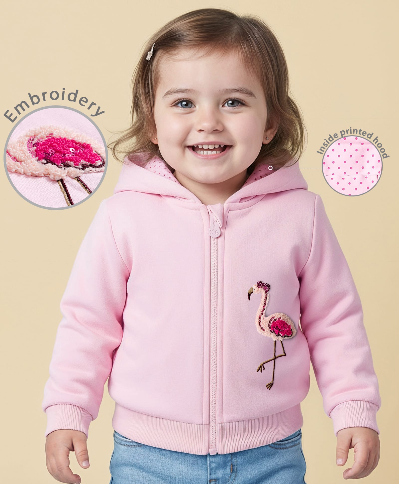 Babyoye 100% Cotton Full Sleeves Hooded Sweatshirts With Flamingo Patch Design - Pink-picture-1
