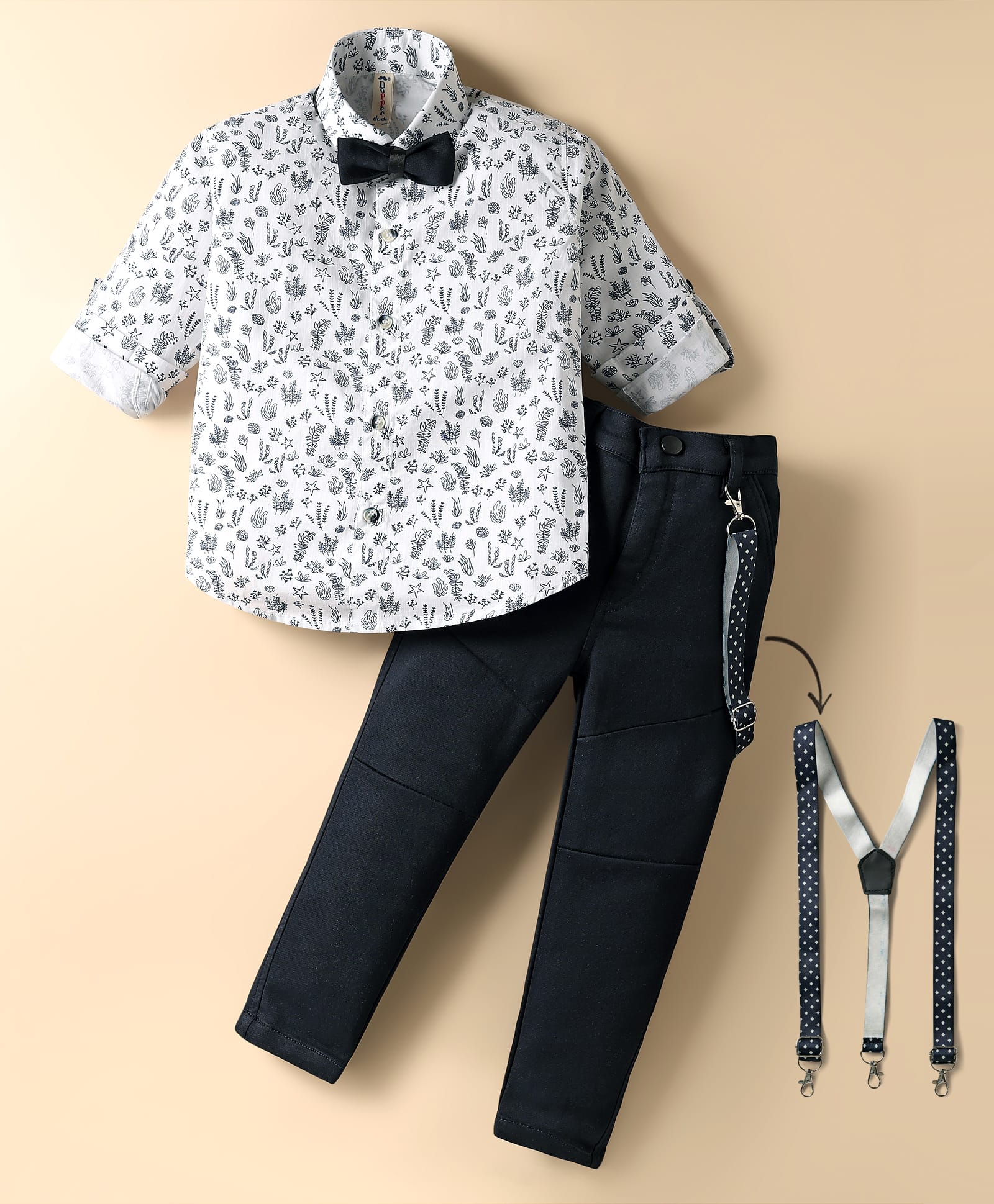 Dapper Dudes Full Sleeves Leaves Printed Shirt Pant With Bow & Suspender Set - Navy Blue-image-17