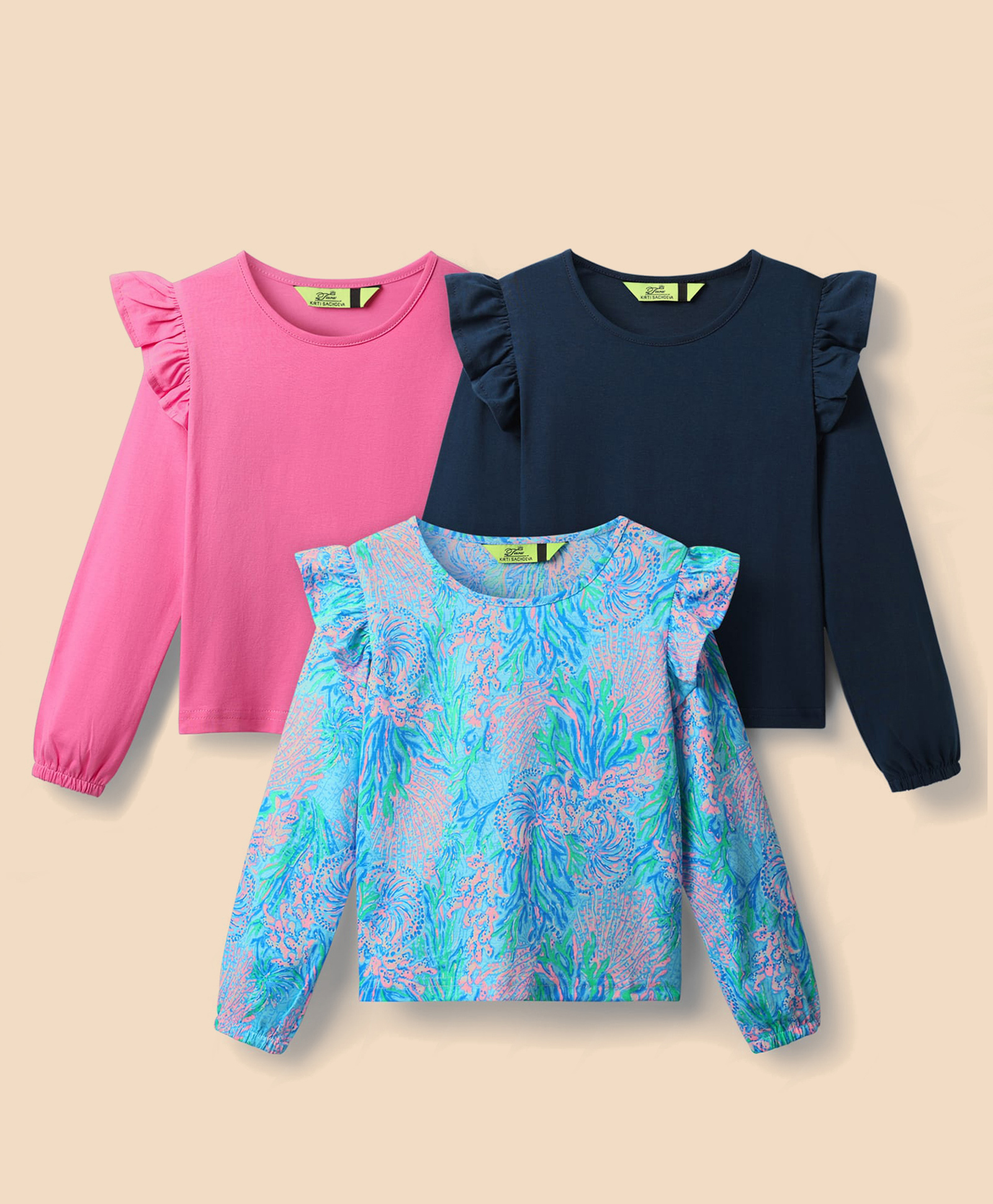 Tiara 100% Cotton Jersey Knit Pack Of 3 Full Puffed Sleeves Solid & Leaves Printed Top - Pink Sky & Navy Blue-picture-31