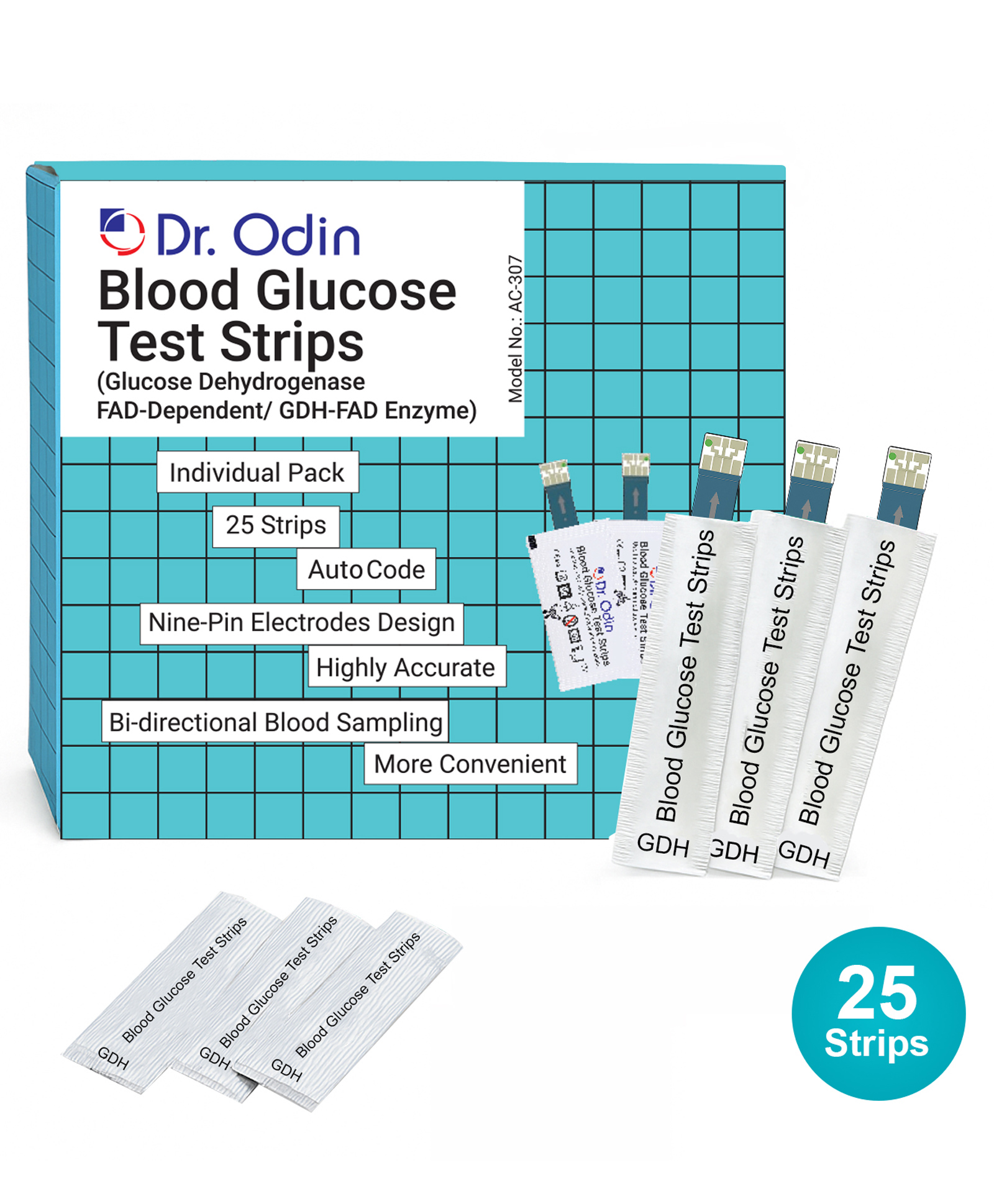 Dr. Odin AC-307 (GDH-FAD) Blood Glucose Test Strips, For Self Testing Sugar Levels With GDH-FAD Monitoring Machine (25 Count)-image-2