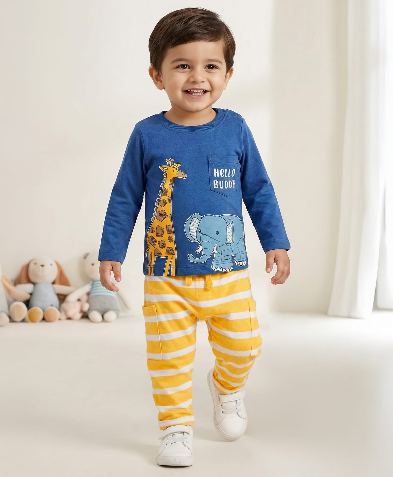 Babyhug Single Jersey Knit Full Sleeves T-Shirt & Lounge Pant Set With Animal Print - Yellow & Blue-picture-24