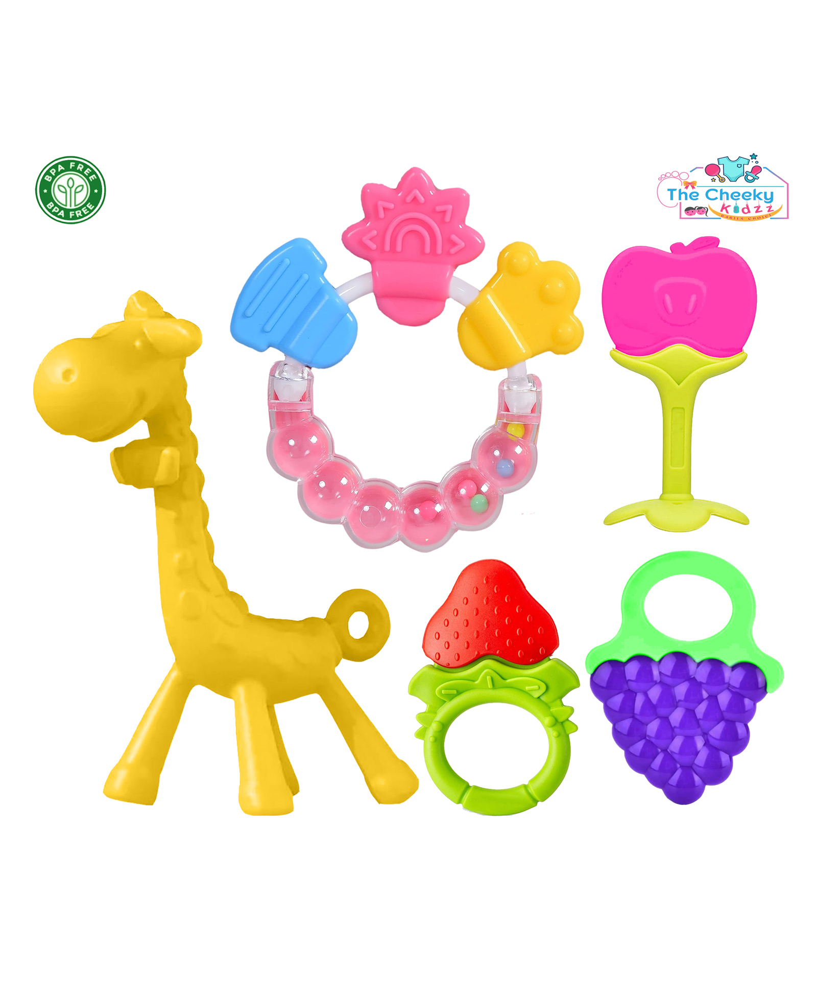 The Cheeky Kidzz Baby Premium 3 Fruit Shape Soft Silicone Molar Teether With 1 Giraffe Shape Teething Toys And 1 Ring Rattle BPA Free (YELLOW)-image-41