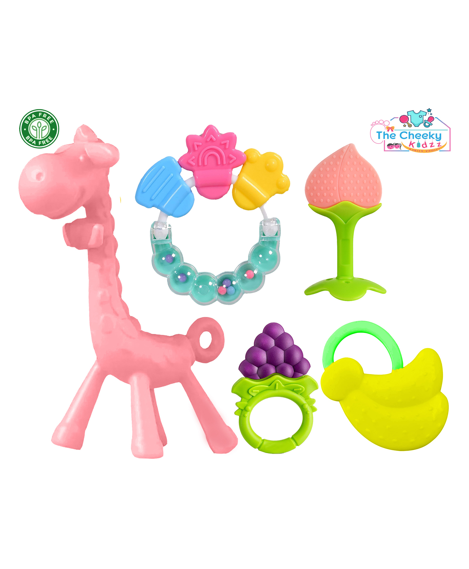 The Cheeky Kidzz Baby Premium 3 Soft Silicone Molar Teether With 1 Giraffe Shape Teething Toys And 1 Ring Rattle Teether BPA Free (MULTI-COLOURS)-image-40