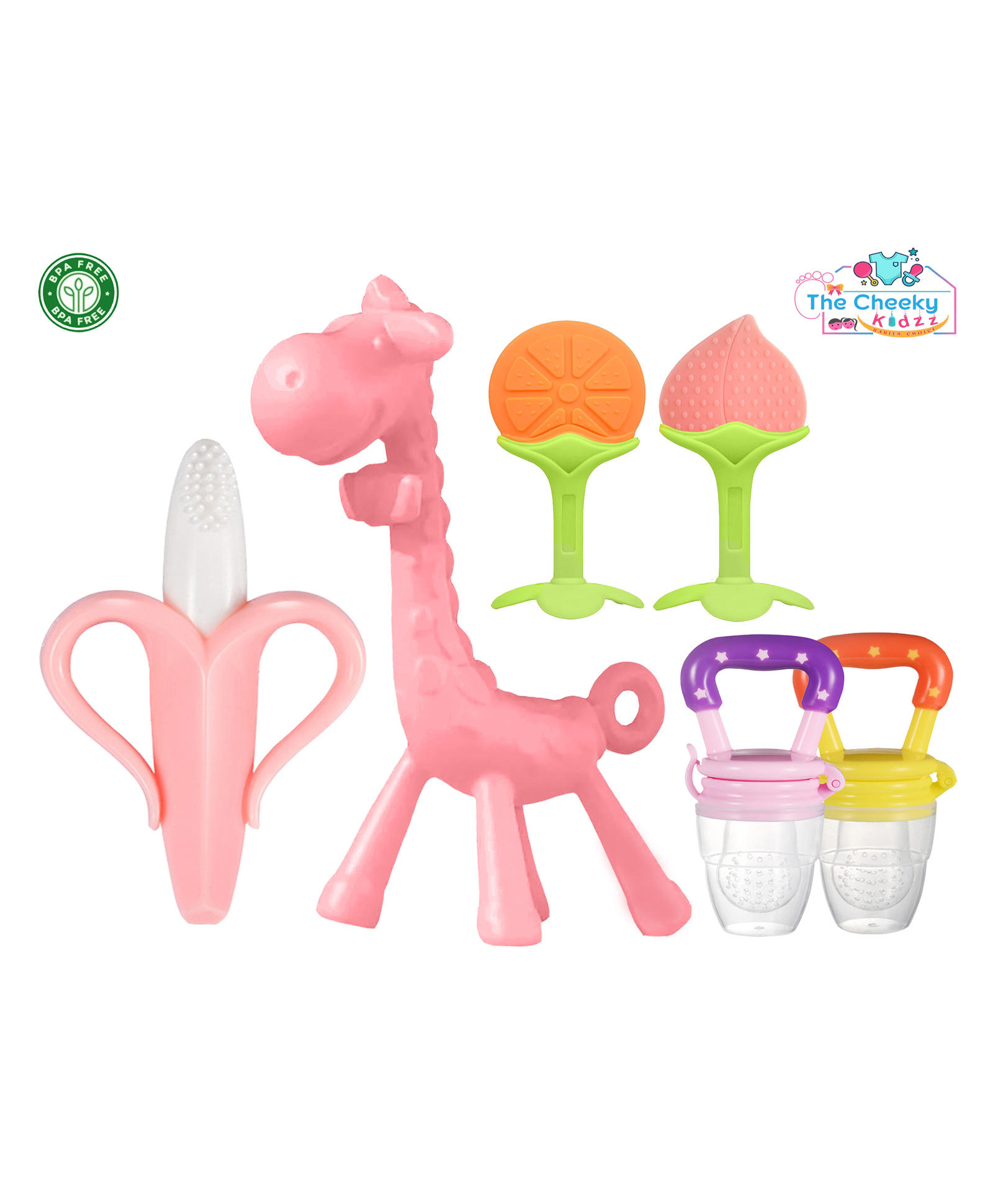 The Cheeky Kidzz Baby 1 Silicone Giraffe Teether| 1 Banana| 2 Fruit Shape Teether & 2 Fruit Nibblers Soothers Teether Feeder For Oral Dental Care BPA Free-image-24