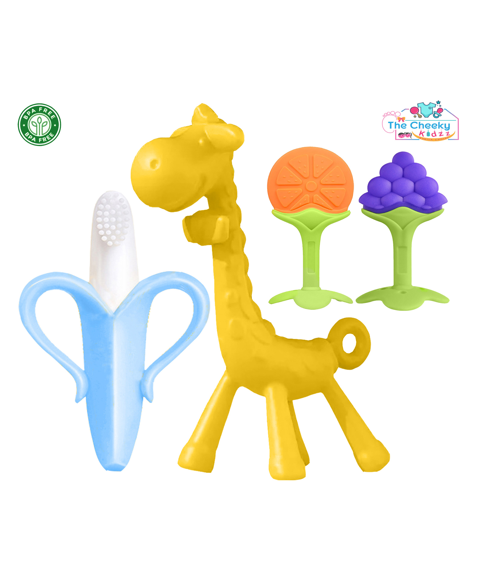 The Cheeky Kidzz Baby Silicone 1 Giraffe Teether| 1 Soft Bristle Banana Toothbrush and 2 Fruit Shape Teethers BPA Free (ASSORTED COLOURS)-picture-24