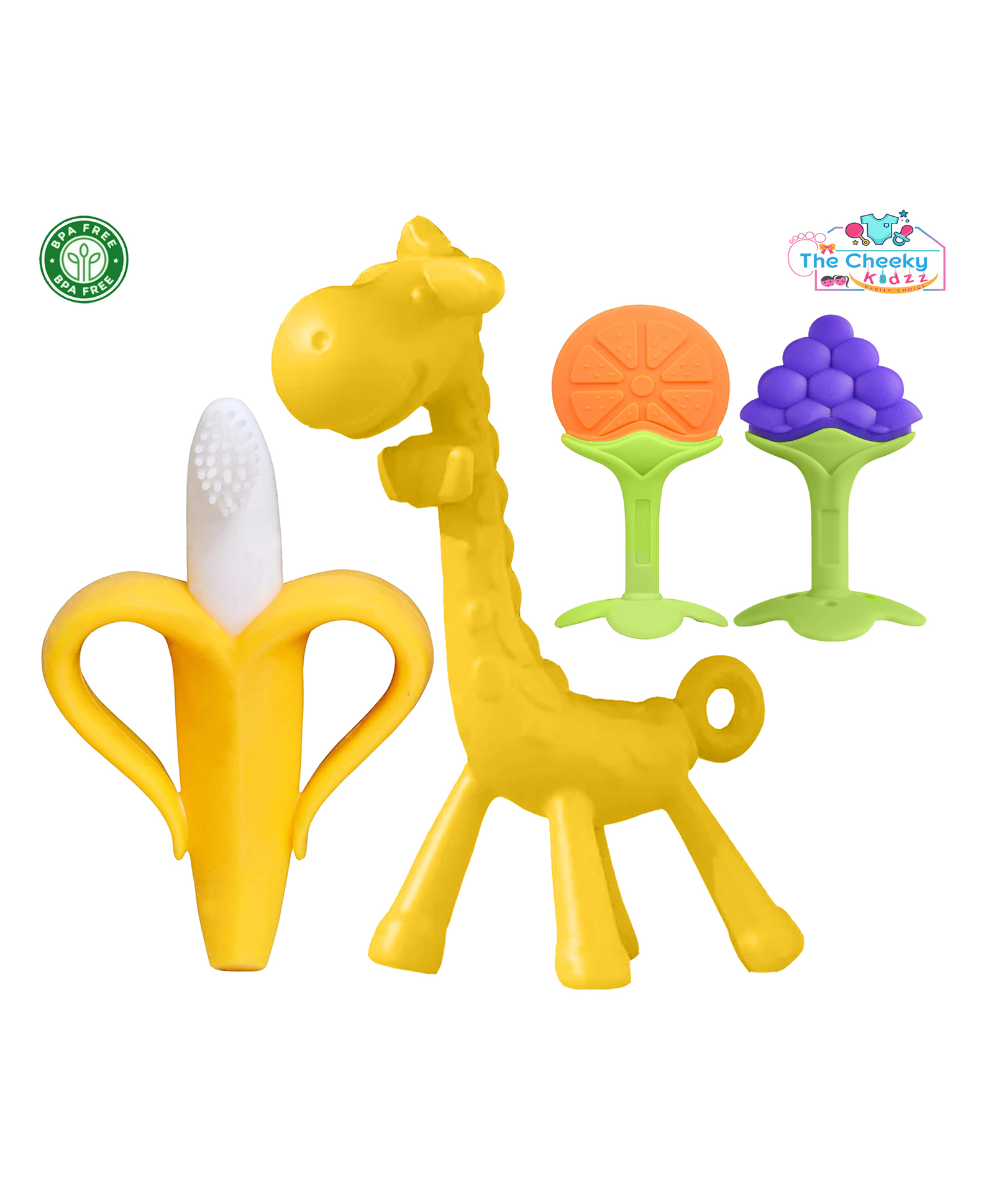 The Cheeky Kidzz Baby Silicone Giraffe Teether|1 Soft Bristle Banana Toothbrush And 2 Fruit Shape Teethers BPA Free (ASSORTED COLOURS)-image-26