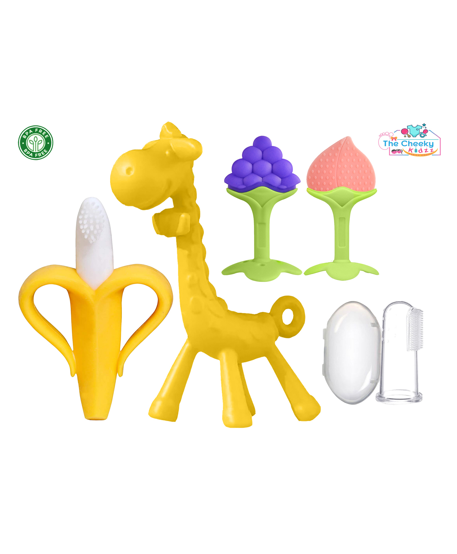 The Cheeky Kidzz Baby Silicone Giraffe Teether | 1 Banana | 2 Fruit Shape Teether & 1 Finger Toothbrush BPA Free (ASSORTED COLOURS)-image-44