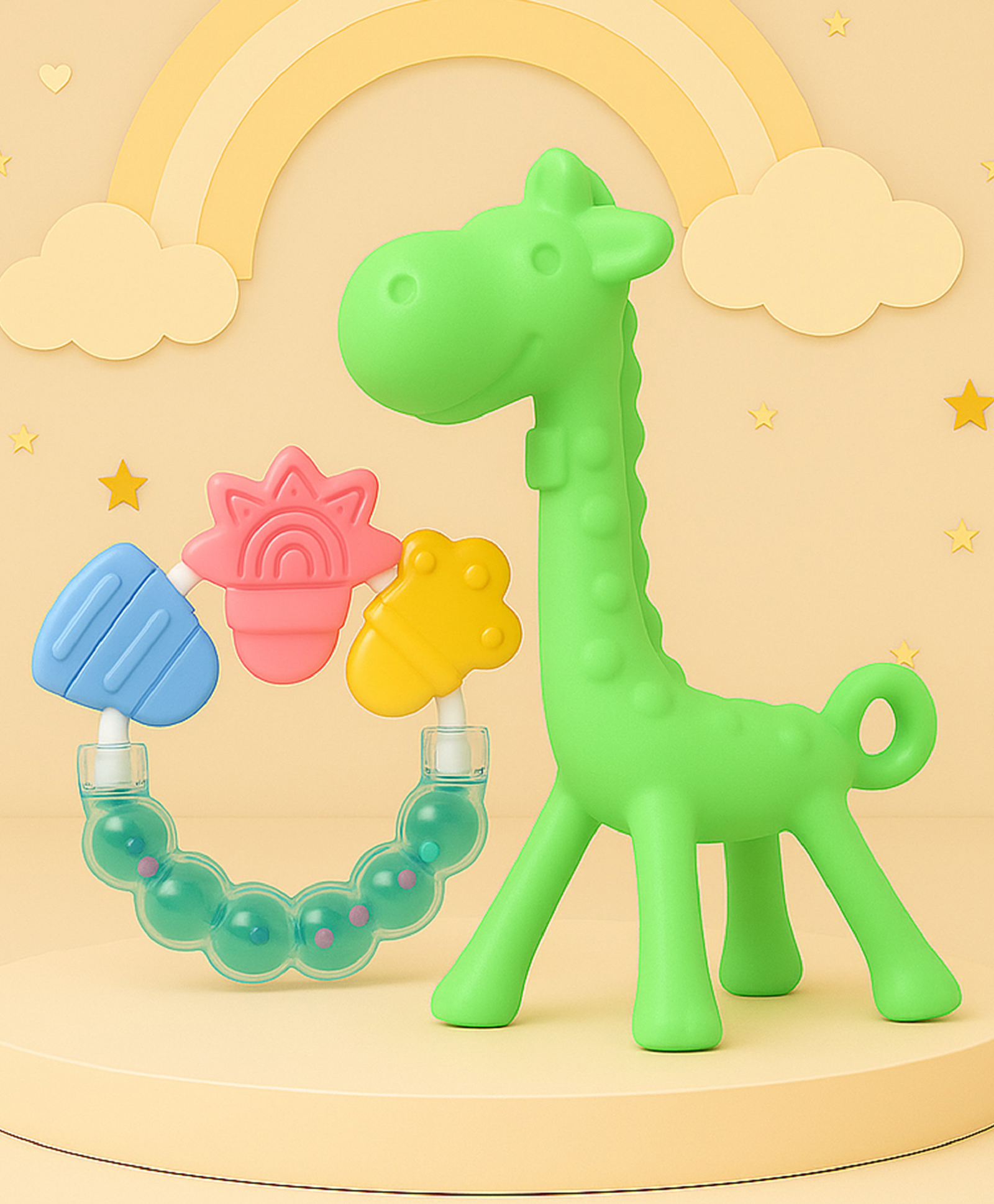 The Cheeky Kidzz Soft Silicone Baby Giraffe Textured Teething Teether With Rattle Musical Ring Shaped Teether and Feeder BPA Free (GREEN)-image-25