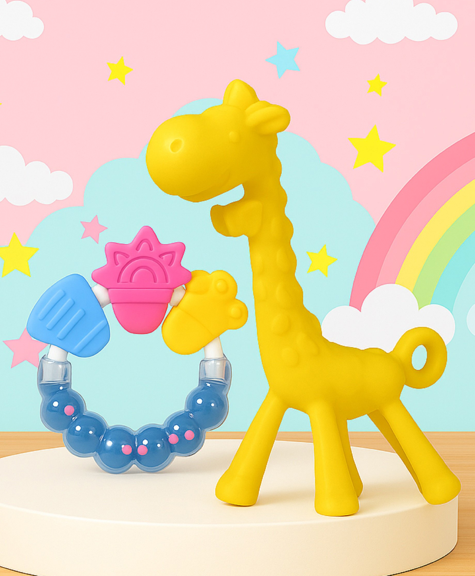 The Cheeky Kidzz Soft Silicone Baby Giraffe Textured Teething Teether With Rattle Musical Ring Shaped Teether and Feeder BPA Free (YELLOW)-image-26