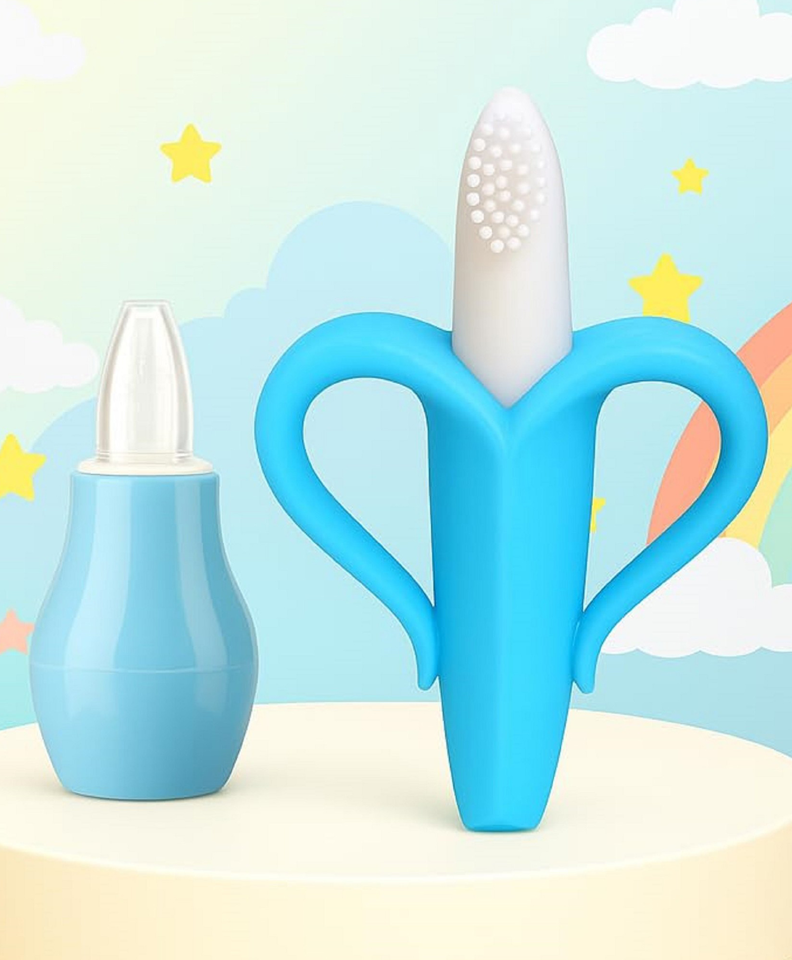 The Cheeky Kidzz Baby Nasal Nose Aspirator Vacuum Nose Suction Sucker Cleaning Squeezable Pump Tool With Soft Bristle Banana Teething Teether(BLUE)-picture-23
