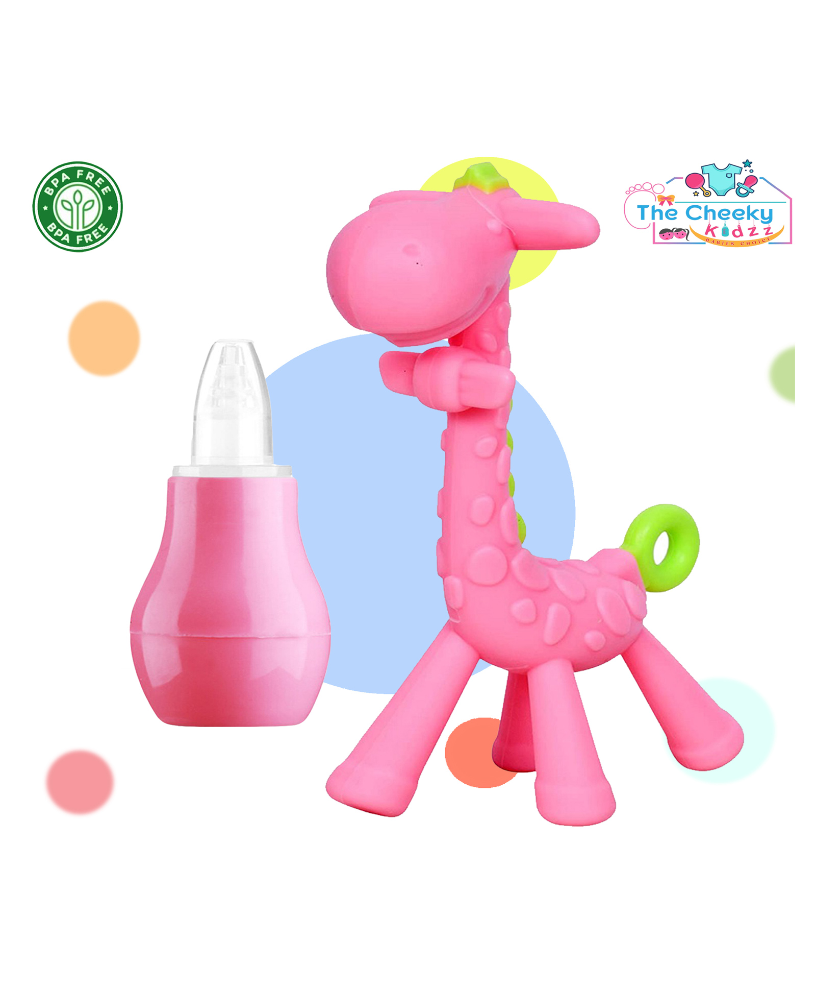 The Cheeky Kidzz Baby Nasal Nose Aspirator Vacuum Nose Suction Sucker Cleaning Squeezable Pump Tool With Soft Silicone Giraffe Shape Teething Teether(PINK)-image-33