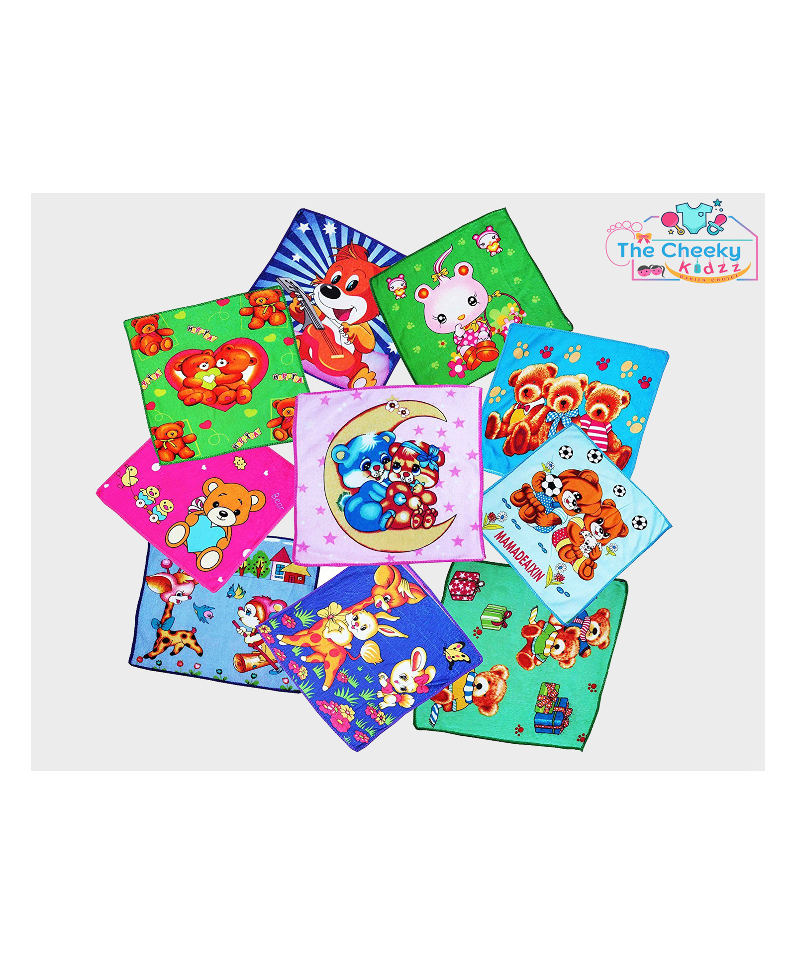 The Cheeky Kidzz Baby Soft Printed New Born Baby Face Terry Cotton Assorted Printed Towels Hankies Napkins Wash Cloth Combo Set (Pack of 12)-image-1