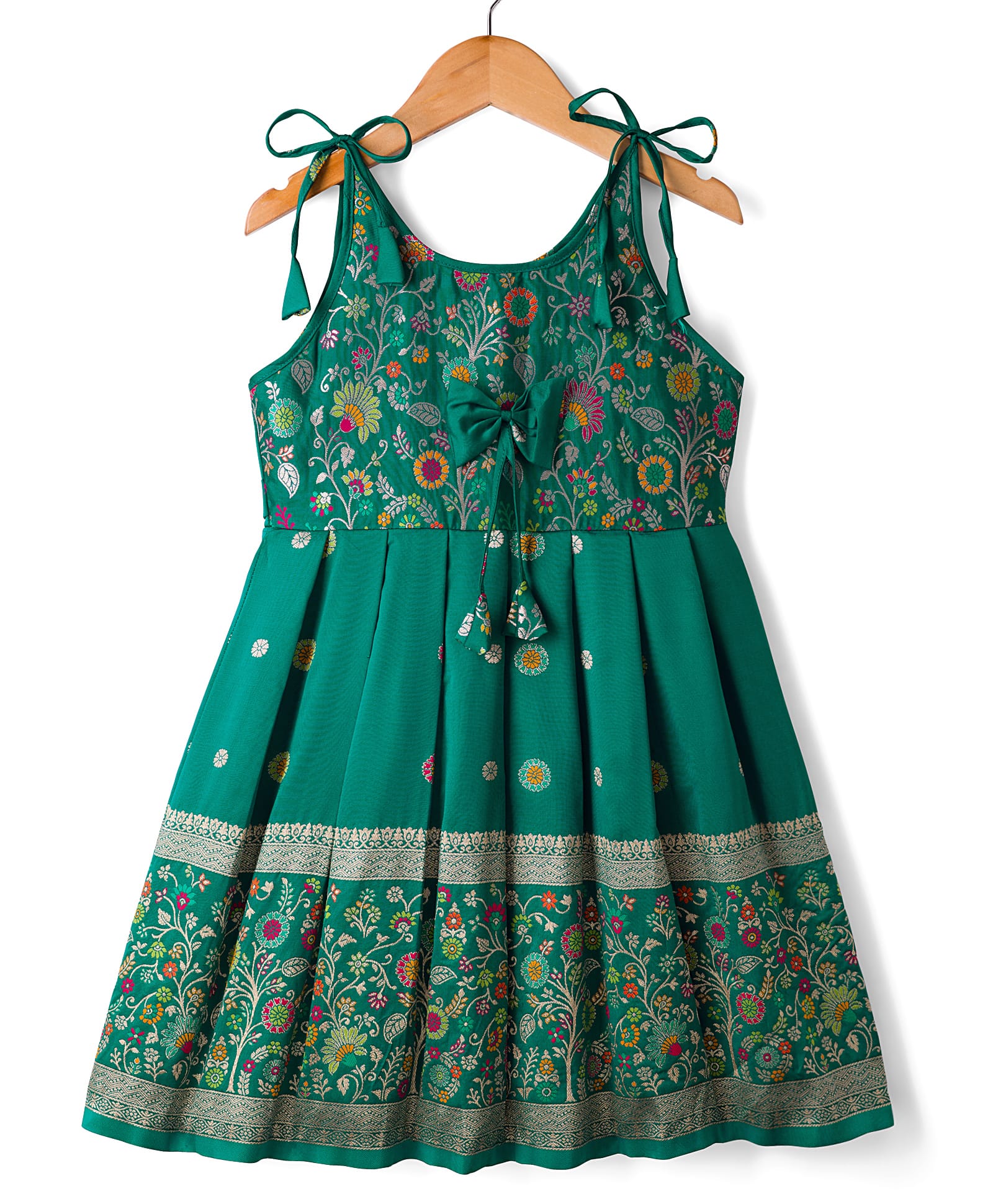 Bhartiya Paridhan Silk Woven Sleeveless Pleated Ethnic Dress with Floral Print & Bow Applique - Green-image-42