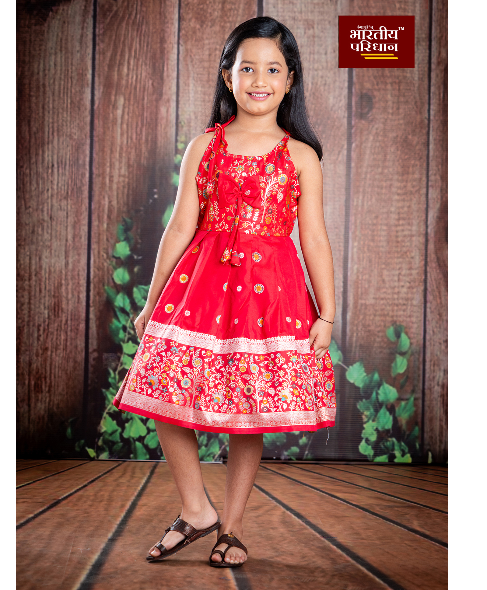 Bhartiya Paridhan Silk Woven Sleeveless Pleated Ethnic Dress with Floral Print & Bow Applique - Red-image-13