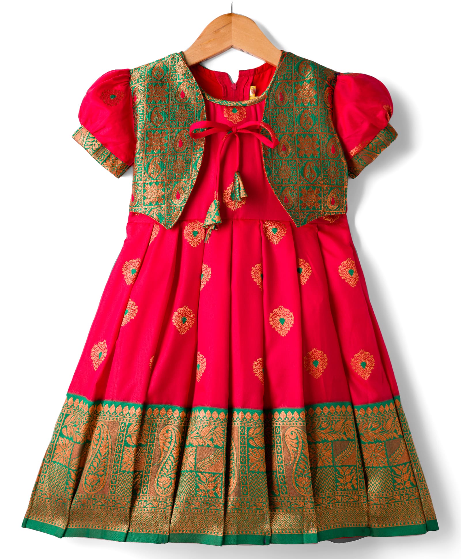 Bhartiya Paridhan Silk Woven Half Puffed Sleeves Pleated Ethnic Dress with Motif Print - Red-picture-22