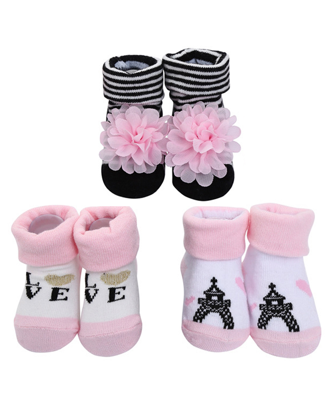 Babymoon Cotton Pack Of 3 Floral Applique Detailed & Eiffel Tower Designed Anti Skid Socks - Light Pink-picture-20