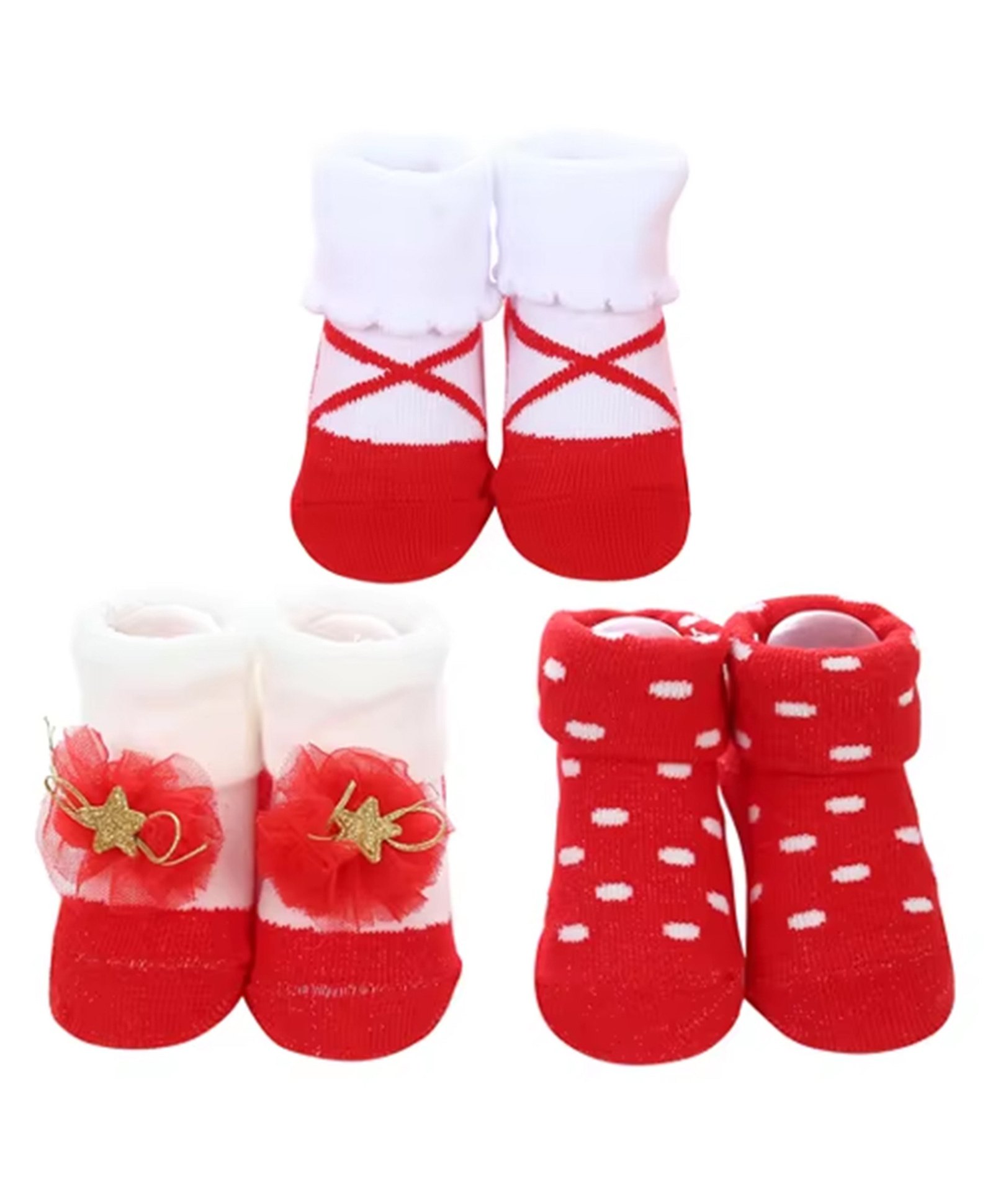 Babymoon Cotton Pack Of 3 Floral Applique Detailed & Dots Designed Anti Skid Socks - Red-picture-13