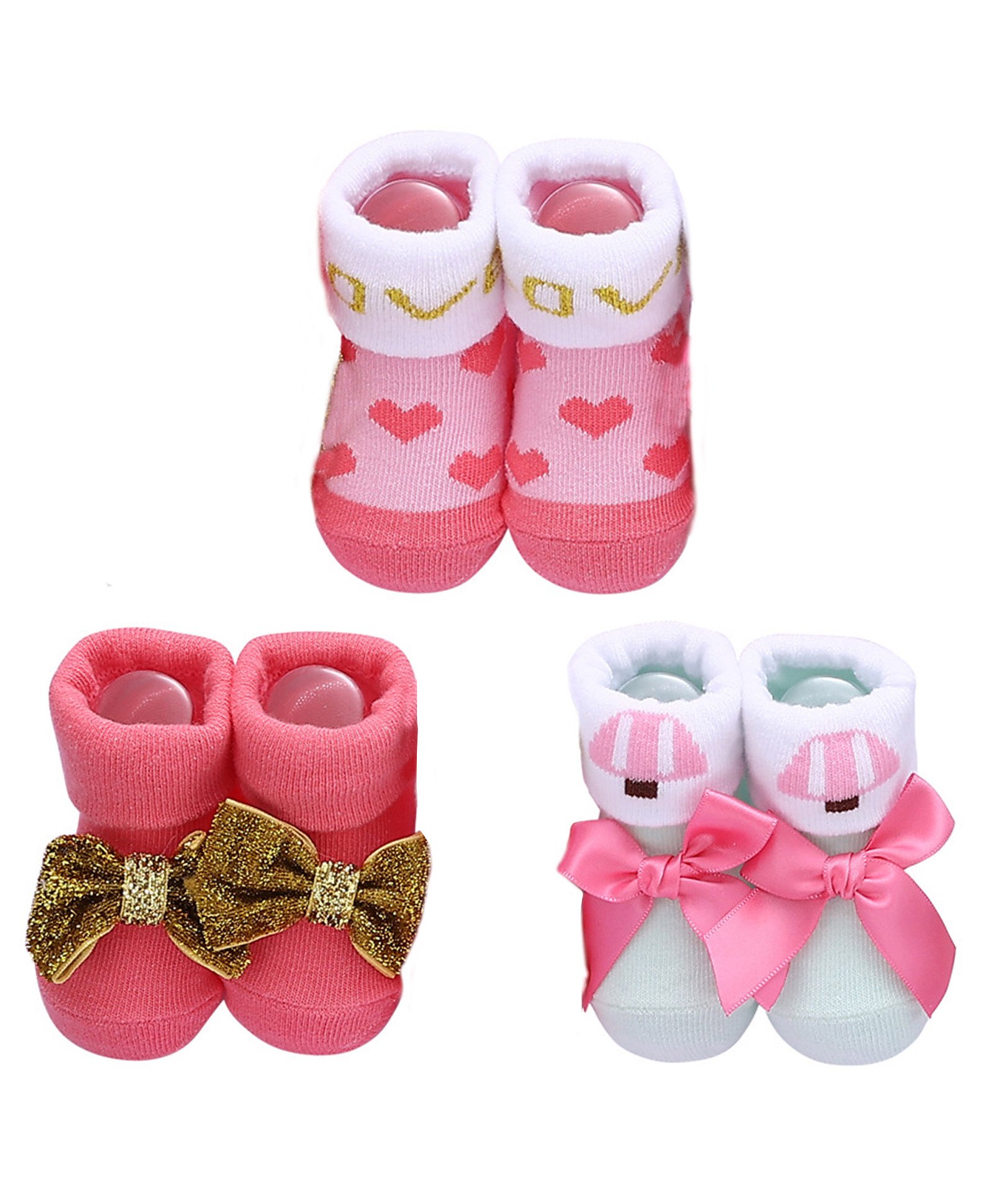 Babymoon Set Of 3 Hearts Designed Bow Applique Detailed Anti Slip Socks - Pink-image-34