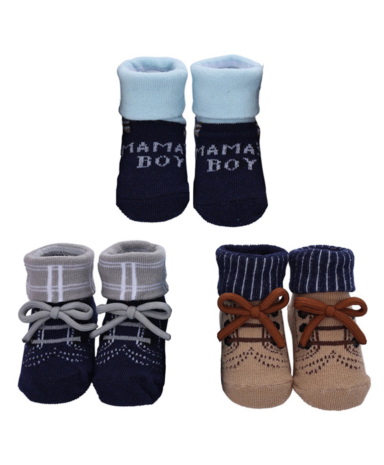 Babymoon Set Of 3 Typography & Mock Shoe Designed Anti Skid Socks - Blue