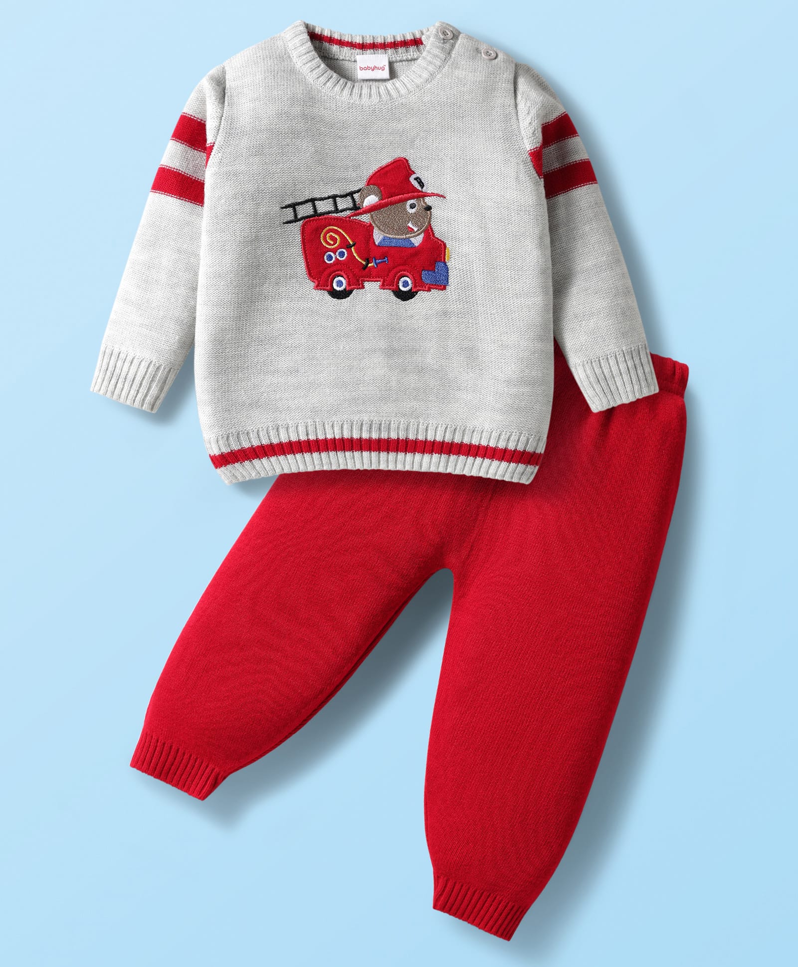 Babyhug Knit Full Raglan Sleeves Pullover Sweater Set with Patch Detailing - Red & Grey-image-30